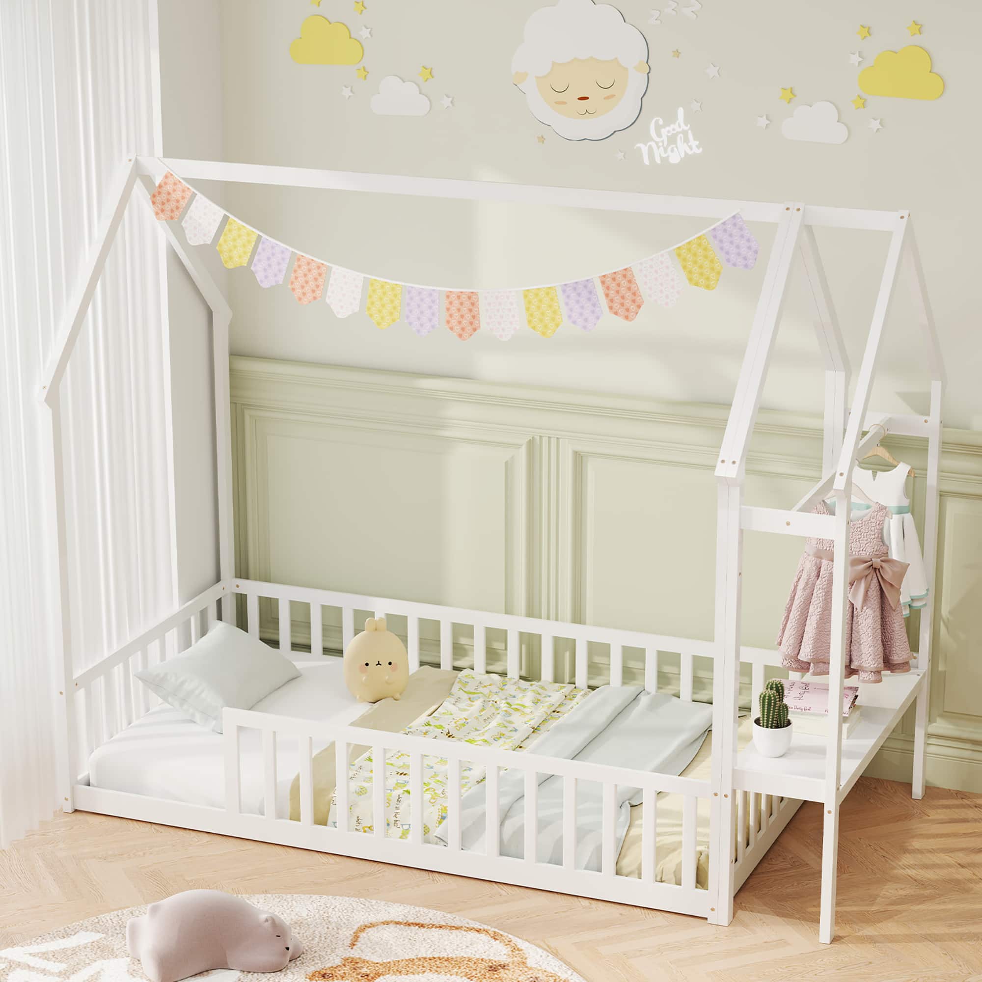 Gymax - Twin House Floor Bed w/ Storage Shelf & Detachable Clothes Hanger Guardrails - White