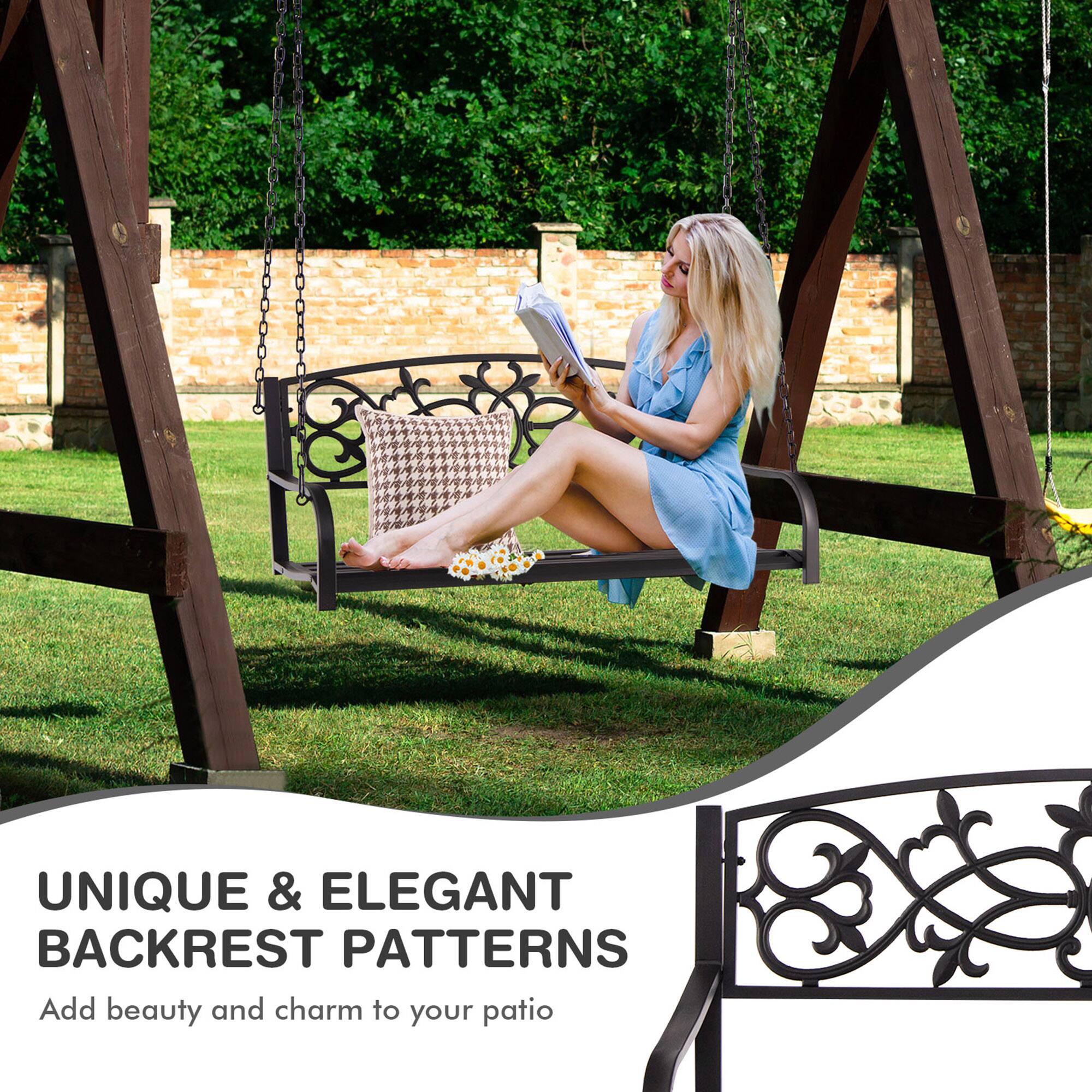 Alt View 7. Gymax - Gymax Patio Hanging Porch Swing 2-Person Outdoor Metal Swing Bench Chair w/ Chains Brown - Brown.