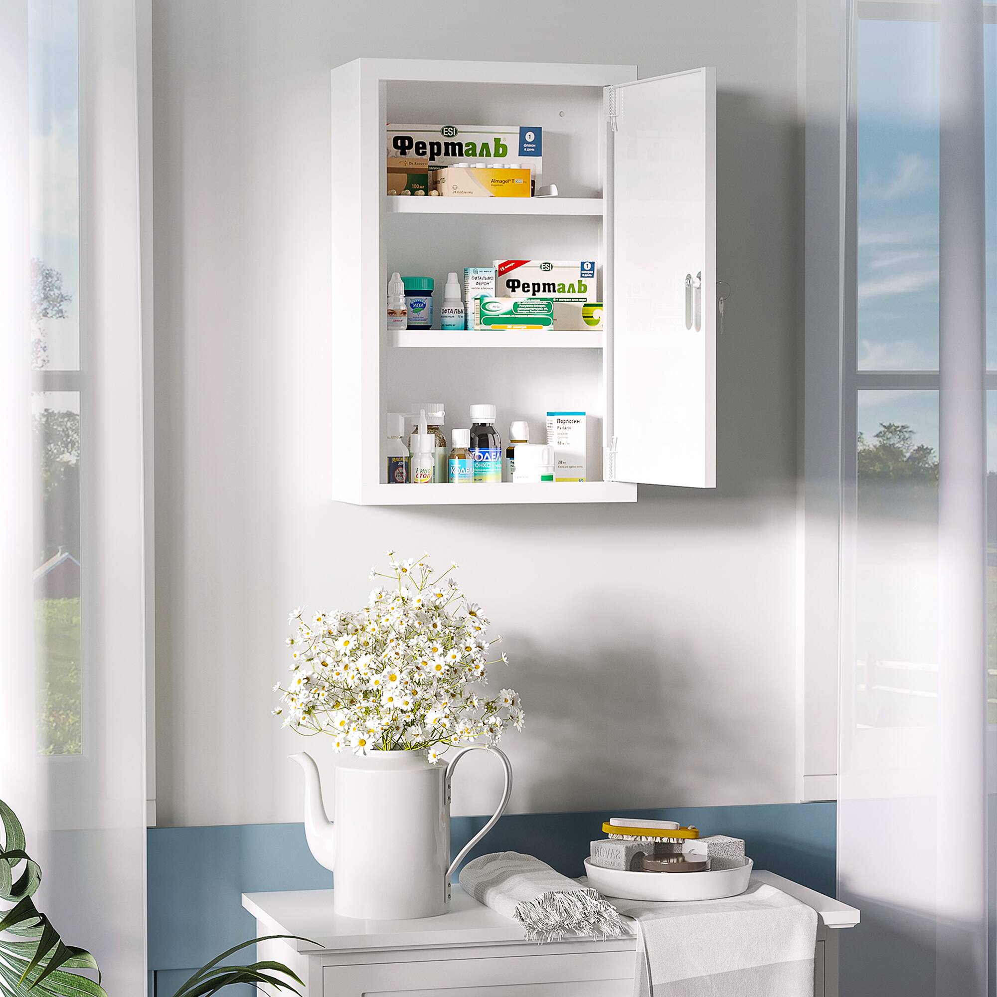 Alt View 1. Kleankin - 12" x 18" Wall Medicine Cabinet with Lock, 3 Tier Steel Locking Wall Cabinet for Bathroom, Kitchen with 2 Keys - White.
