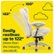 The image features a white office chair with a yellow background. The chair is designed to easily recline up to 122 degrees, which is more than the industry standard. The chair's reclining capabilities make it a comfortable and ergonomic option for office workers.