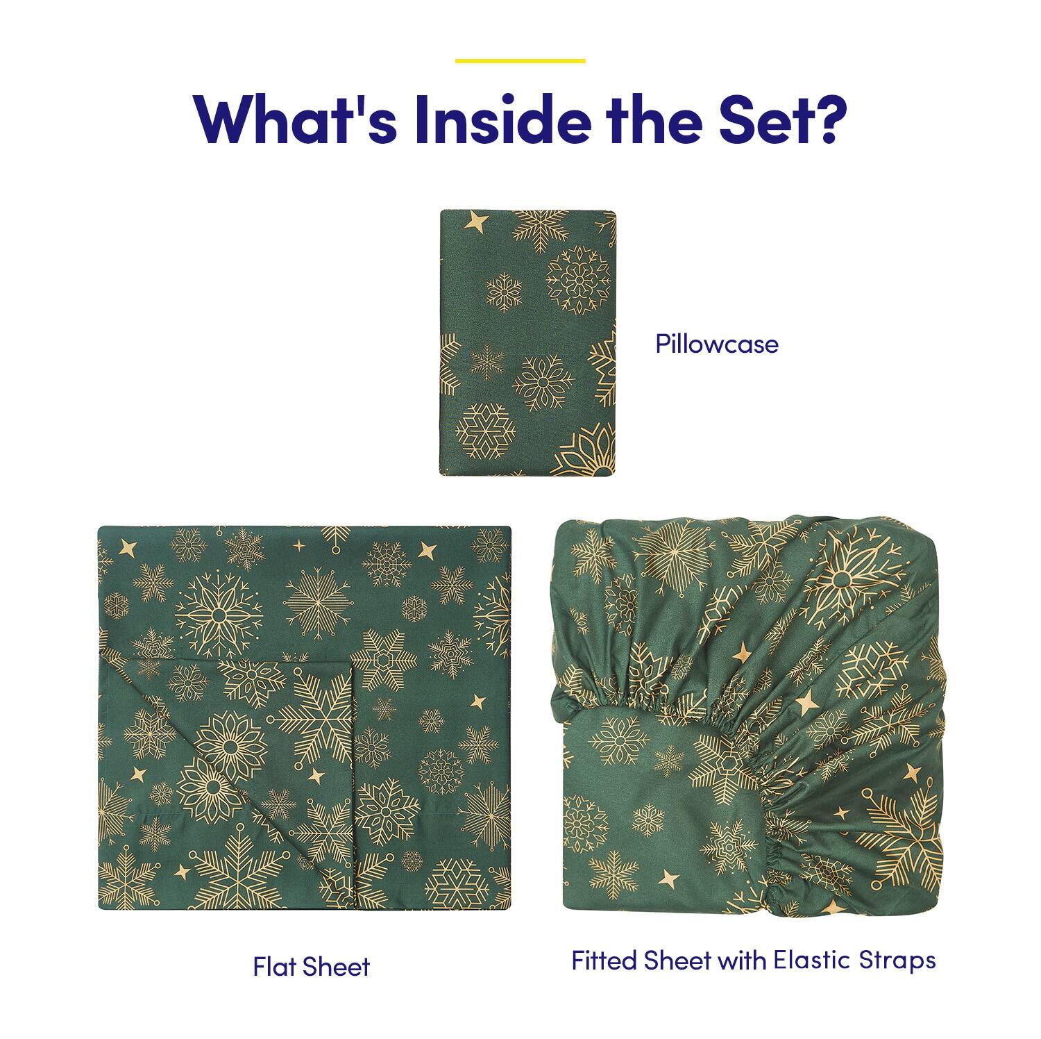 What's Inside the Set?

- Pillowcase
- Flat Sheet
- Fitted Sheet with Elastic Straps