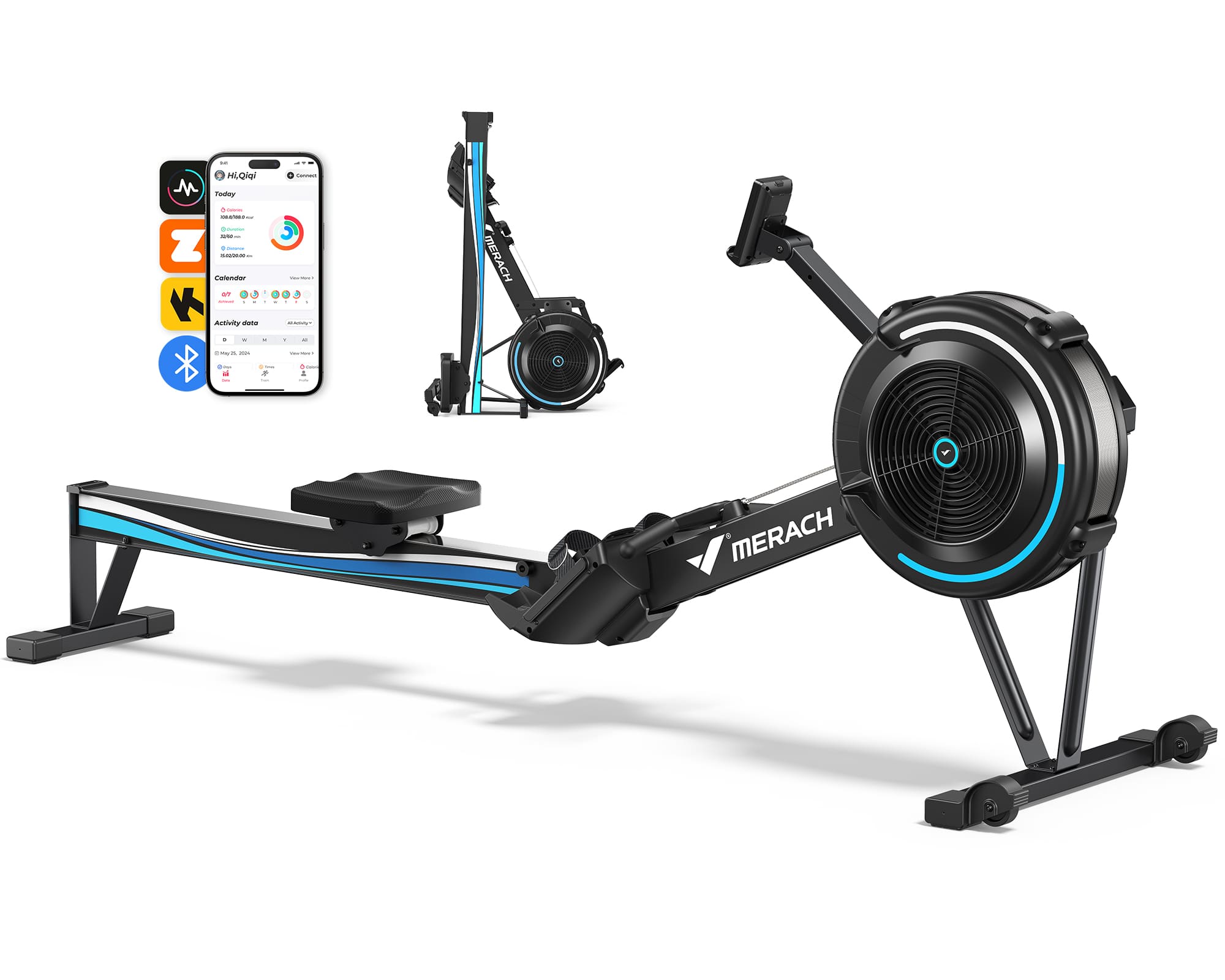 MERACH - R50 Air Rowing Machine, Air Resistance & Magnetic, Ergonomic Seat, 350LBS, Performance Monitor, Device Holder - Black