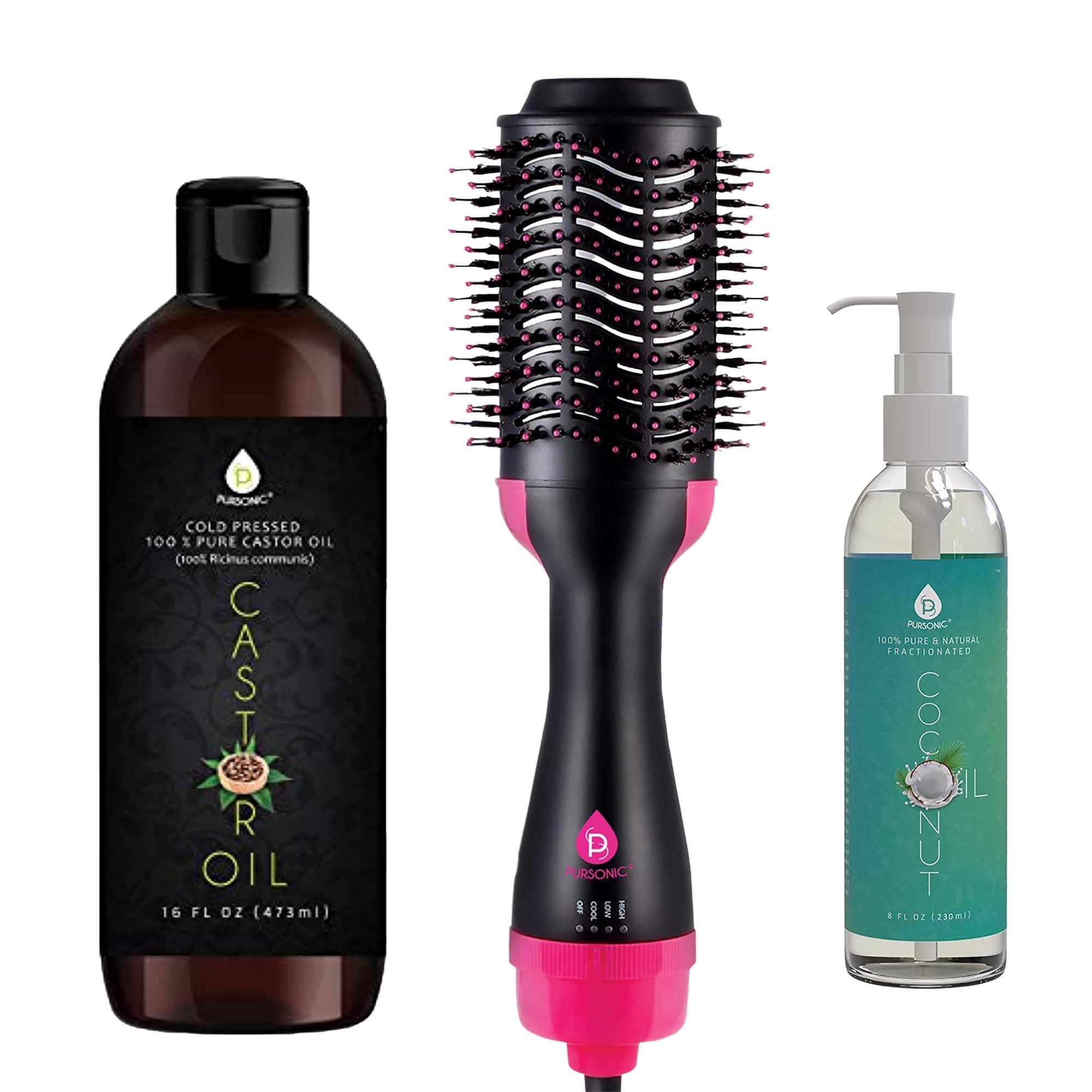 Hair Strengthening Bundle: Pursonic Fractionated Coconut Oil, One-Step Hair Dryer & Volumizer Brush, and Cold-Pressed Ca - Multicolor