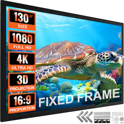 130" SIZE, 1080 FULL HD, 4K ULTRA HD, 3D PROJECTION, 16:9 FIXED FRAME PROPORTION