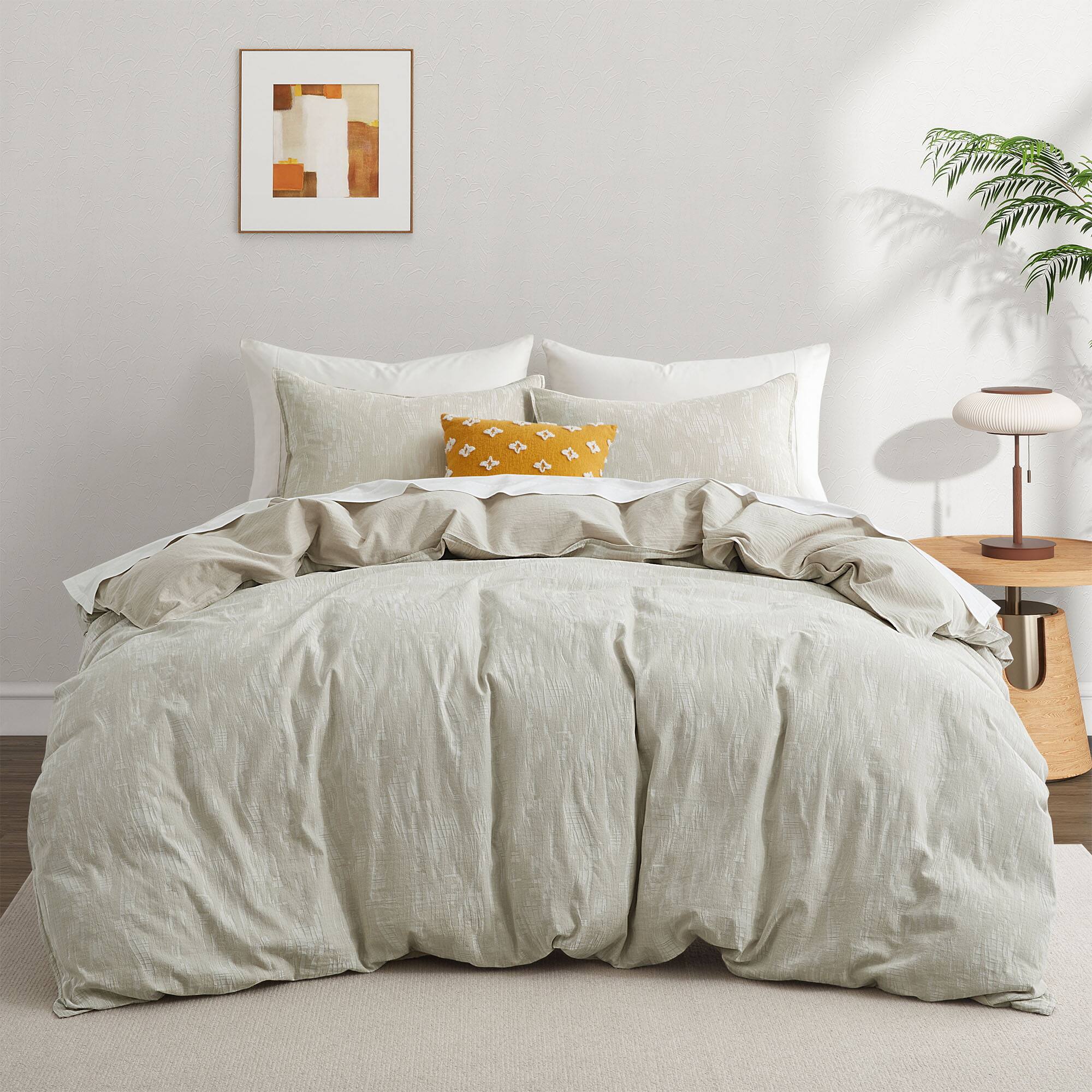 Angle. Peace Nest - Peace Nest Jacquard Cotton Linen Blend Duvet Cover Set, 3 Piece Bedding Set with Pillow Shams, Grid, Twin - Grid.