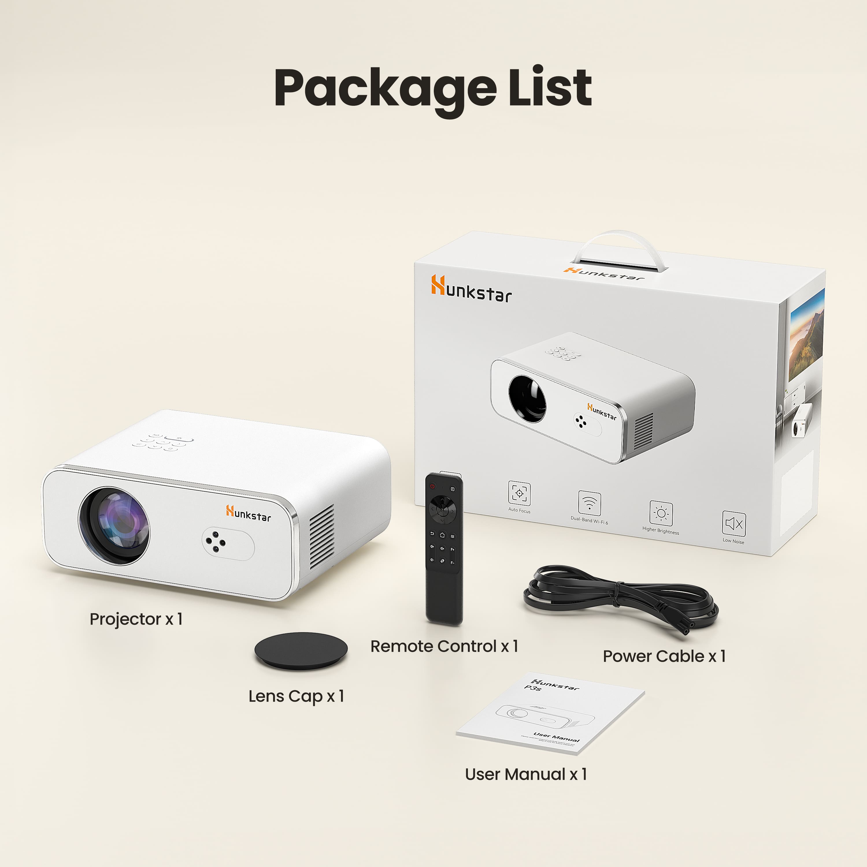 Package List:
* Hunkatar
* Hunkstar
* Remote Control
* Power Cable
* Lens Cap
* User Manual