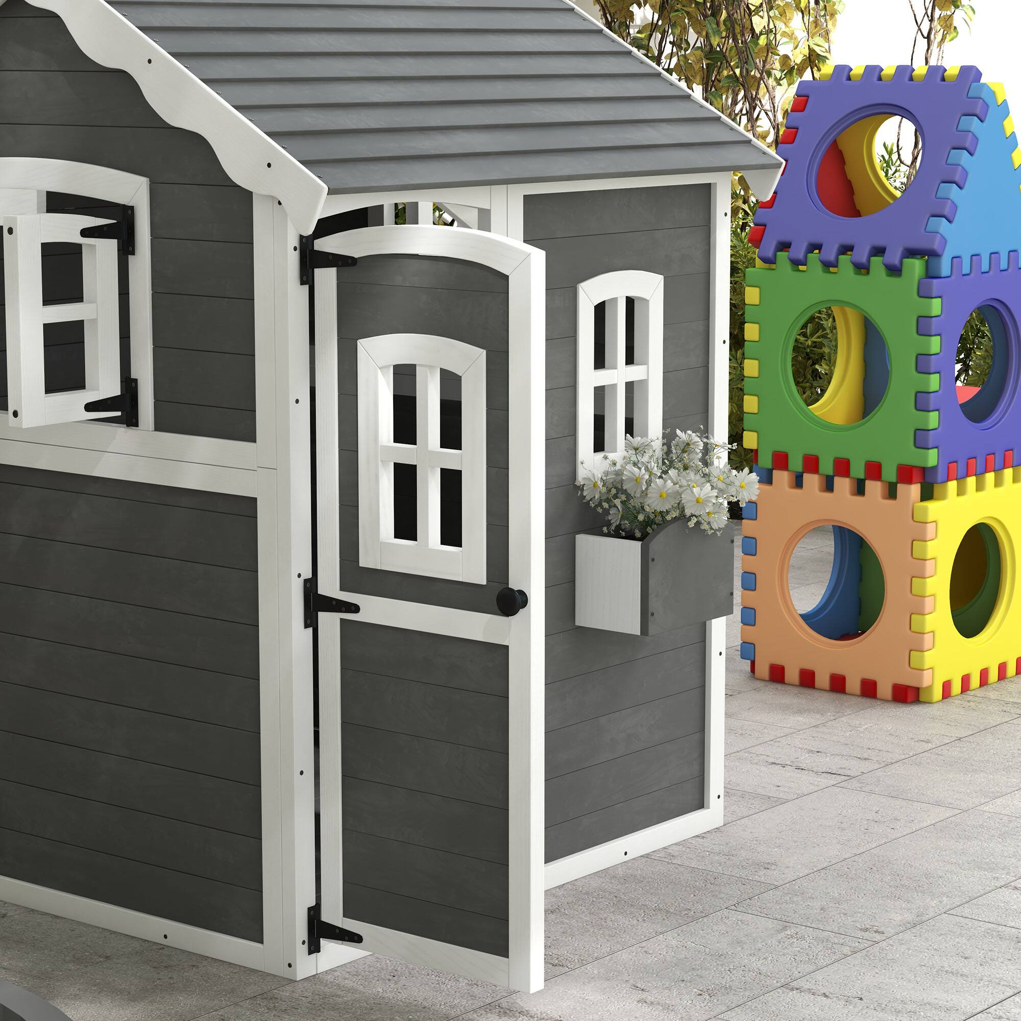 Alt View 4. Outsunny - Playhouse for Kids, Outdoor Wooden with Floor, Door, Windows & Planter Box, 3-8 Year Olds, Backyard, Garden.