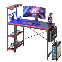 Bestier - 44" RGB Gaming Desk LED Lights, Storage Shelves & Adjustable Height - Carbon Fiber Black
