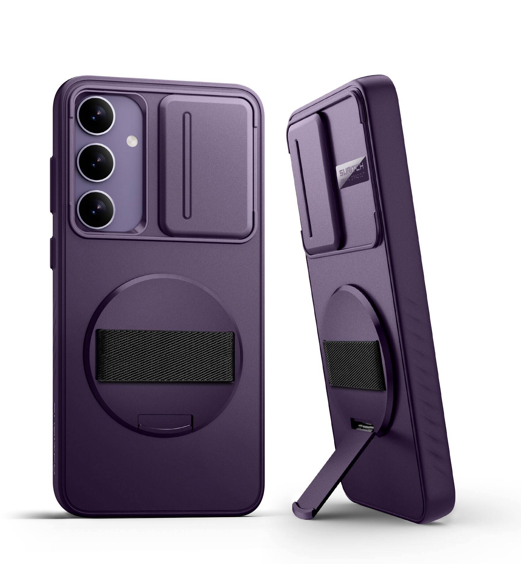 Angle. SURITCH - Case for Samsung Galaxy S24+ Plus with 360° Rotatable Hand Strap, Invisible Kickstand, Camera Cover, Rugged Shockproof - Dark Purple.