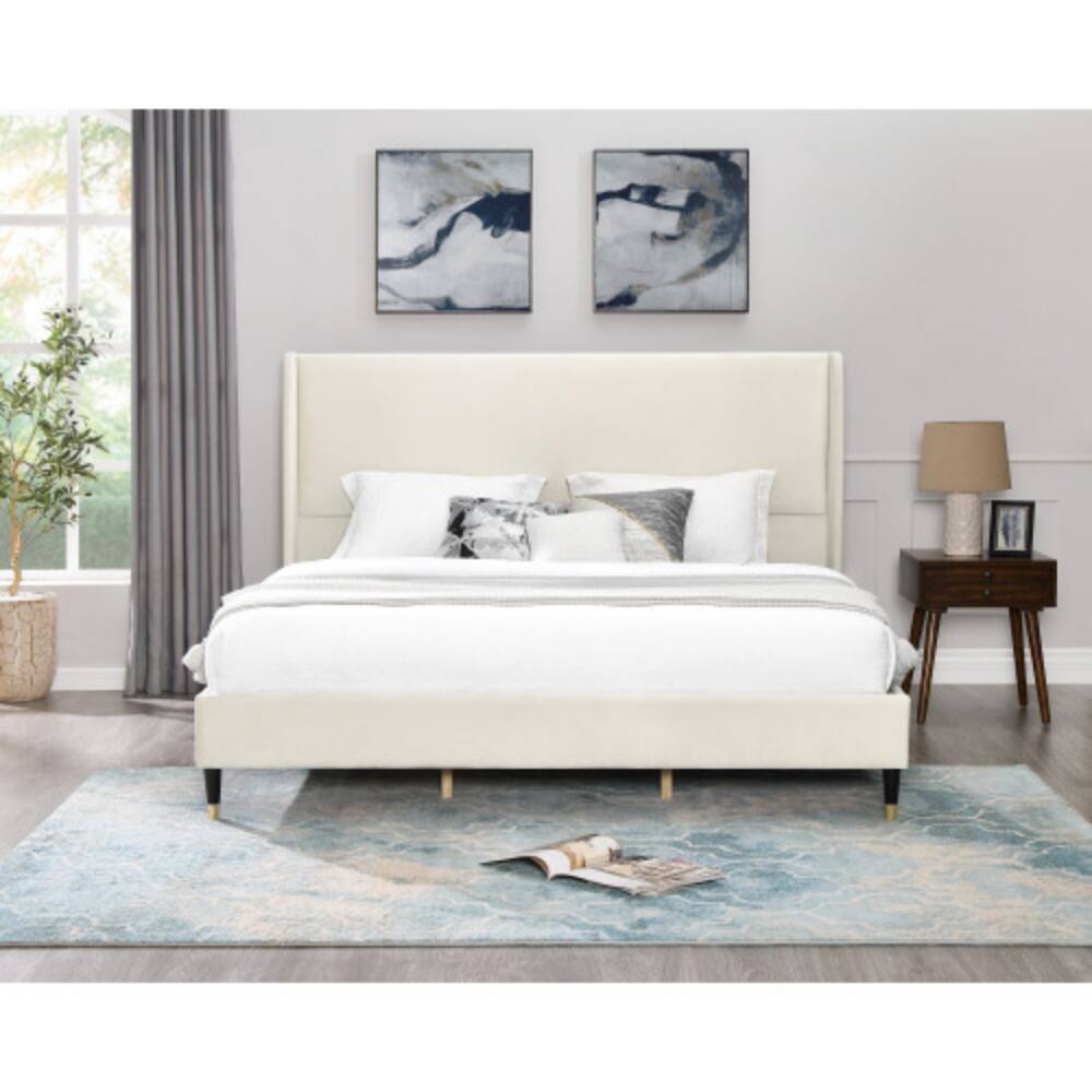 Angle. LUCKY ONE - King Size Velvet Wingback Platform Bed with Padded Headboard and Side Panels, Plywood Frame, No Box Spring Needed - Beige.