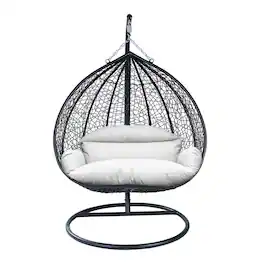 LeisureMod - Recluse Modern Wicker Teardrop Hanging Egg Chair with Stand - Outdoor Indoor Swing Chair & Cushion - White