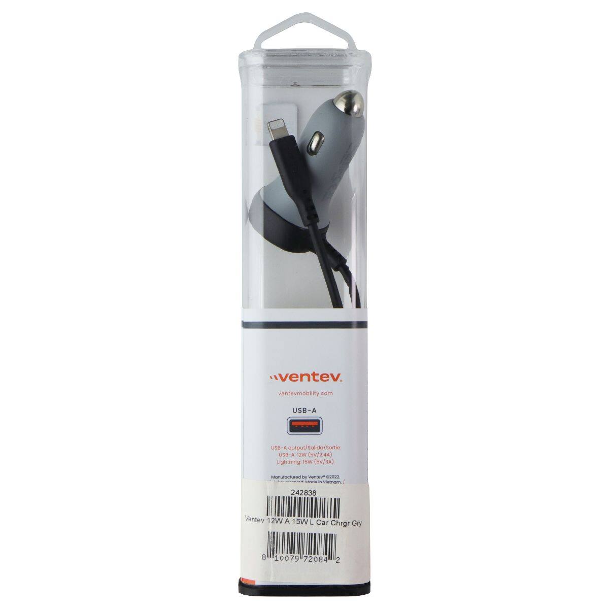 ventev,
ventevmobility.com
USB-A
USB A output/Salida/Sortie: USB-A 12W (5V/2.4A) Lightning 5W (5V/3A)
Manufactured by Ventev* 2022 in Vietnam 242838
Ventev 12W A 15W Car Gry Chrgr
8 10079 72084 2