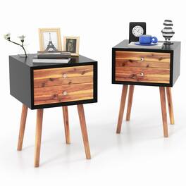 Gymax - 2PCS Wooden Nightstand Mid-Century End Side Table Living Room W/2 Storage Drawer - Black & Brown