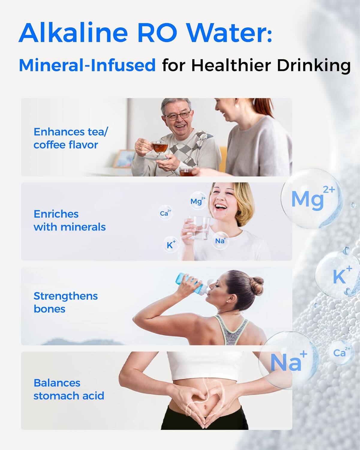Alkaline RO Water: Mineral-Infused for Healthier Drinking

- Enhances tea/coffee flavor
- Enriches with minerals (Ca²⁺, Mg²⁺, K⁺, Na⁺)
- Strengthens bones
- Balances stomach acid