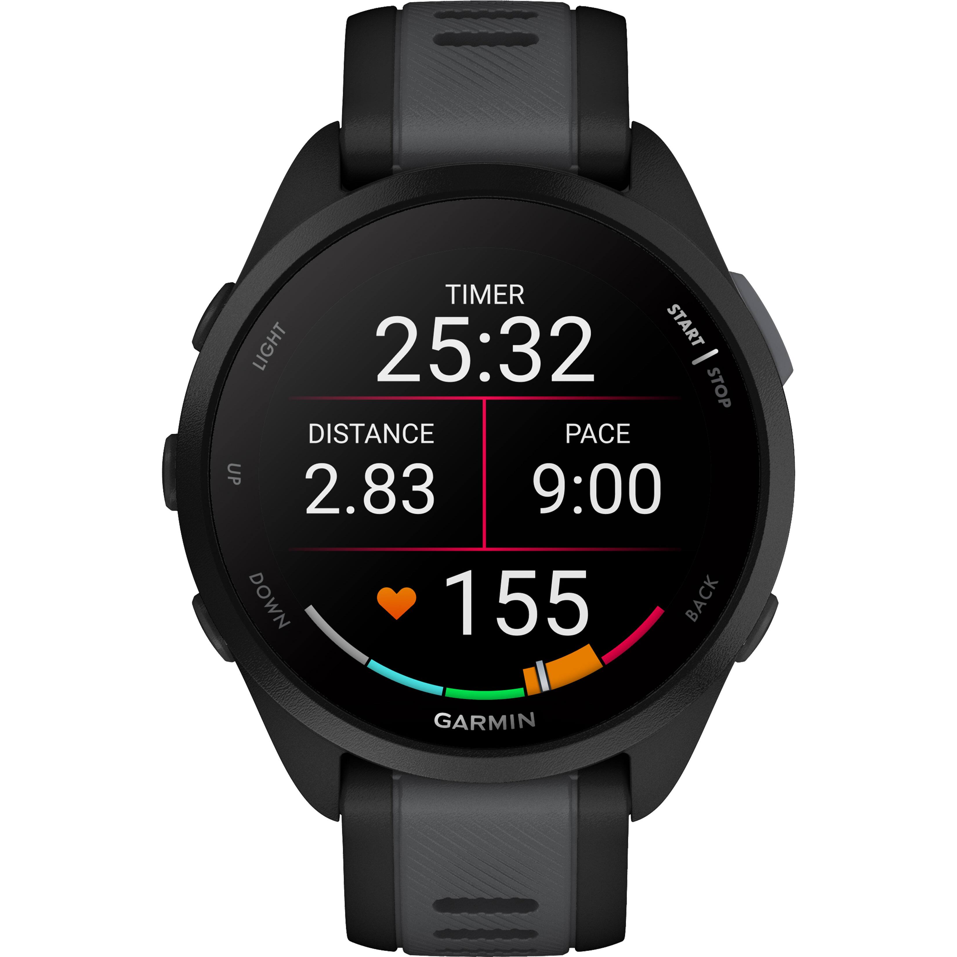 The text on the image reads: TIMER LIGHT 25:32 START - STOP DISTANCE PACE UP 2.83 9:00 DOWN 155 BACK GARMIN.