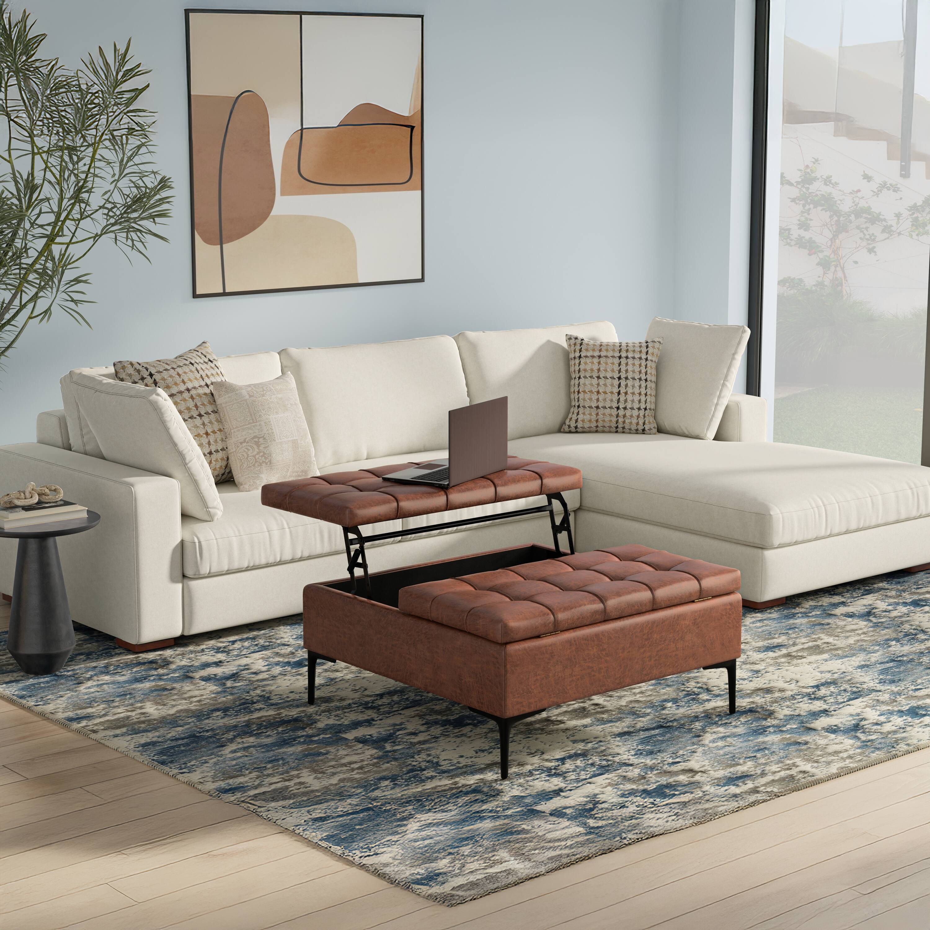 Left. Simpli Home - Laura 36 inch Wide Mid Century Square Lift Top Storage Ottoman in Distressed Saddle Brown  Vegan Faux Leather, Assembled - Distressed Saddle Brown.