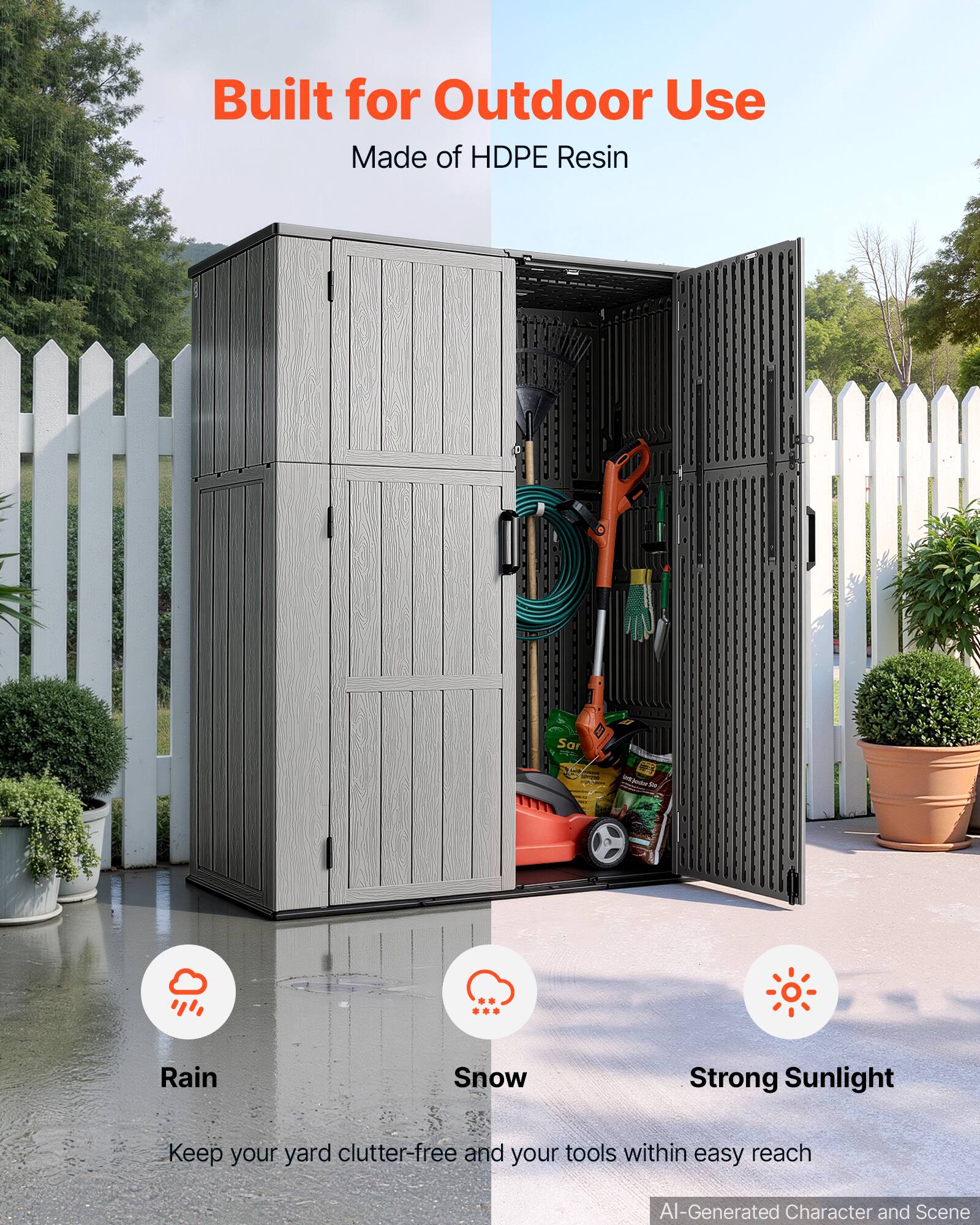 Built for Outdoor Use  
Made of HDPE Resin  

Rain  
Snow  
Strong Sunlight  

Keep your yard clutter-free and your tools within easy reach  

AI-Generated Character and Scene