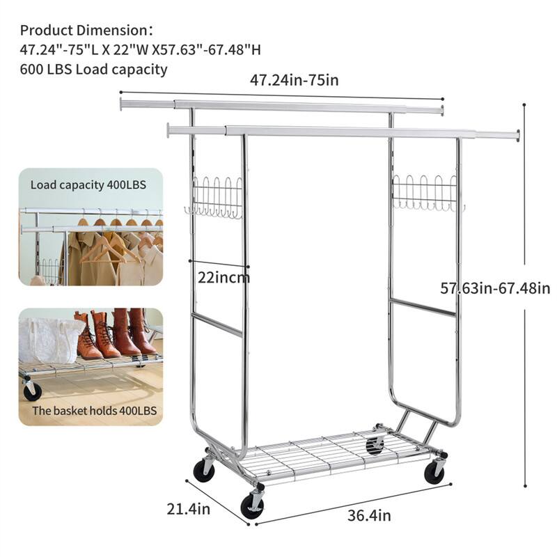 Product Dimension: 47.24"-75"L X 22"W X 57.63"-67.48"H  
600 LBS Load capacity  

Load capacity 400LBS  
22in  
The basket holds 400LBS  
21.4in  
36.4in