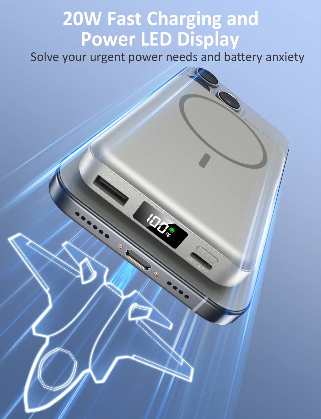 20W Fast Charging and Power LED Display  
Solve your urgent power needs and battery anxiety  

100%  

USB-C IN/OUT