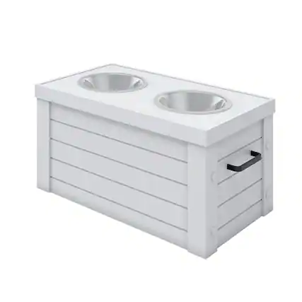 Front. New Age Pet - Elevated Dog Feeder in Antique White, Two Bowl Design, Small to Medium Size Dog - White.