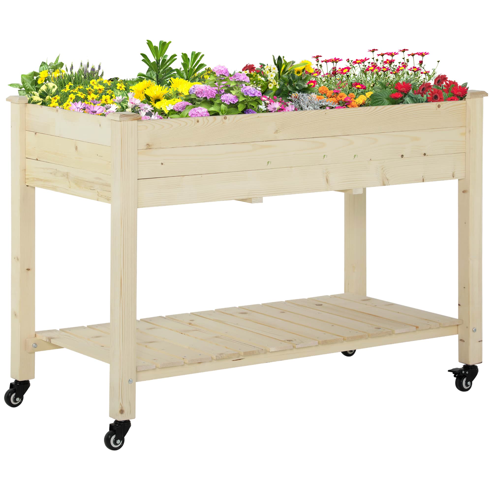 Outsunny - Raised Garden Bed, 47" x 22" x 33", Elevated Wooden Planter Box w/ Lockable Wheels, Storage Shelf - Natural