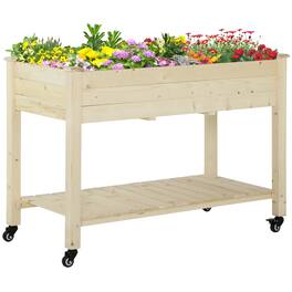 Outsunny - Raised Garden Bed, 47" x 22" x 33", Elevated Wooden Planter Box w/ Lockable Wheels, Storage Shelf - Natural