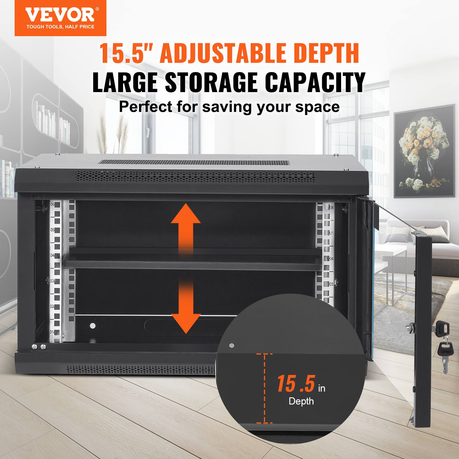 VEVOR  
TOUGH TOOLS, HALF PRICE  

15.5" ADJUSTABLE DEPTH  
LARGE STORAGE CAPACITY  
Perfect for saving your space  

15.5 in Depth