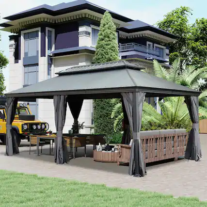 Front. Mondawe - 12x20 Metal Gazebo With Resin Roof ,Curtains and Mosquito Netting Included - Dark Gray.