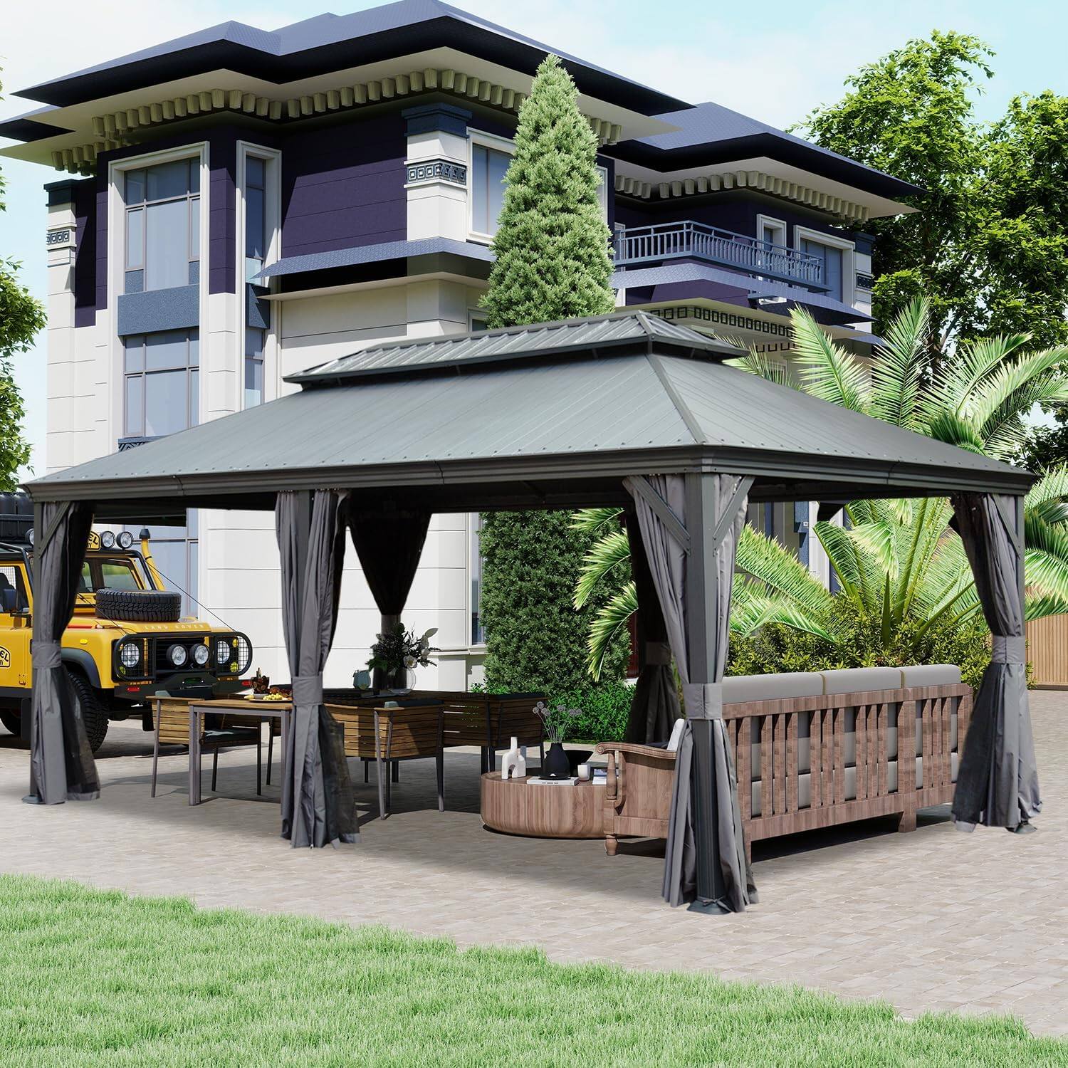 Front. Mondawe - 12x20 Metal Gazebo With Resin Roof ,Curtains and Mosquito Netting Included - Dark Gray.