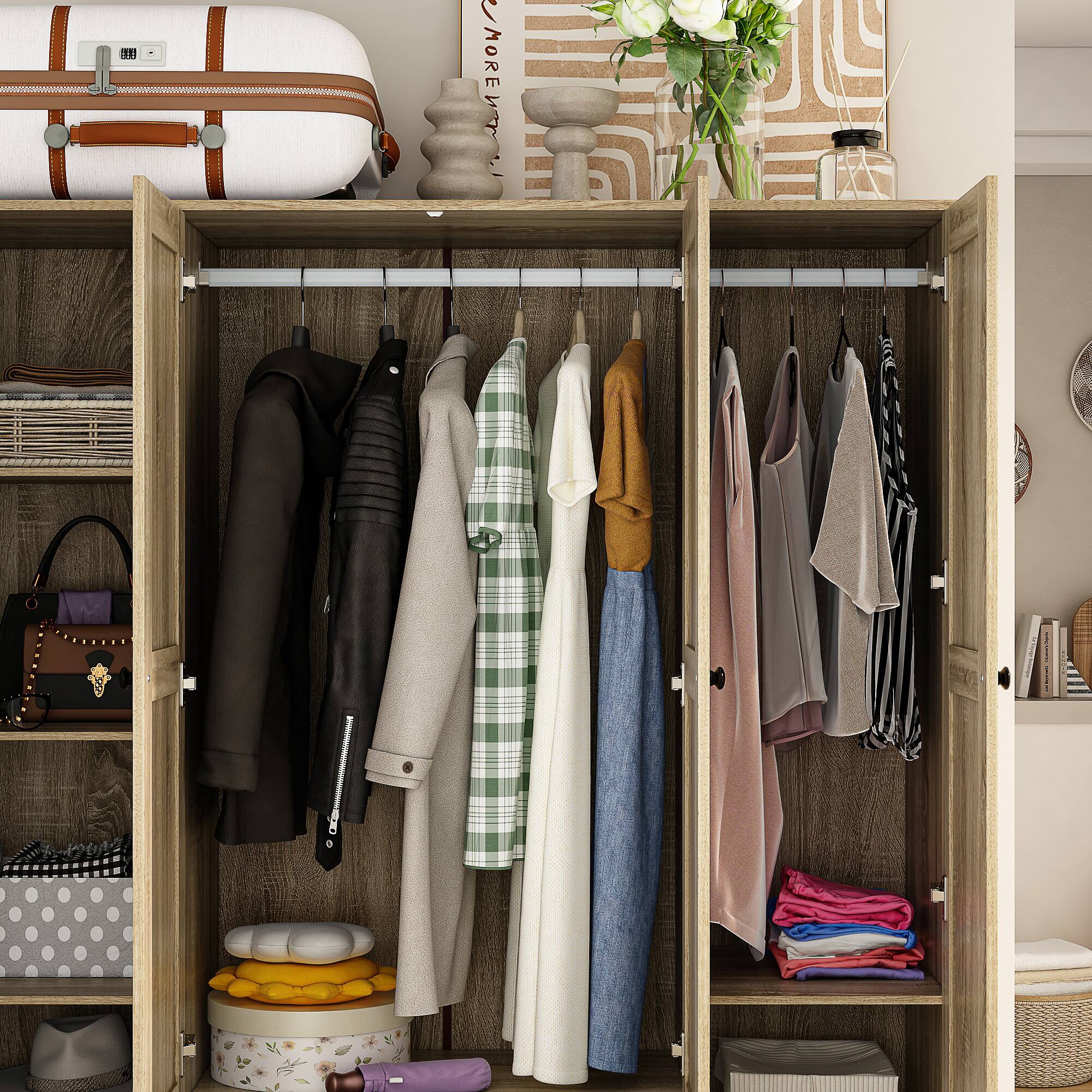 Famapy Woven Rattan Wardrobe with Large Hanging Space, Multi Shelf