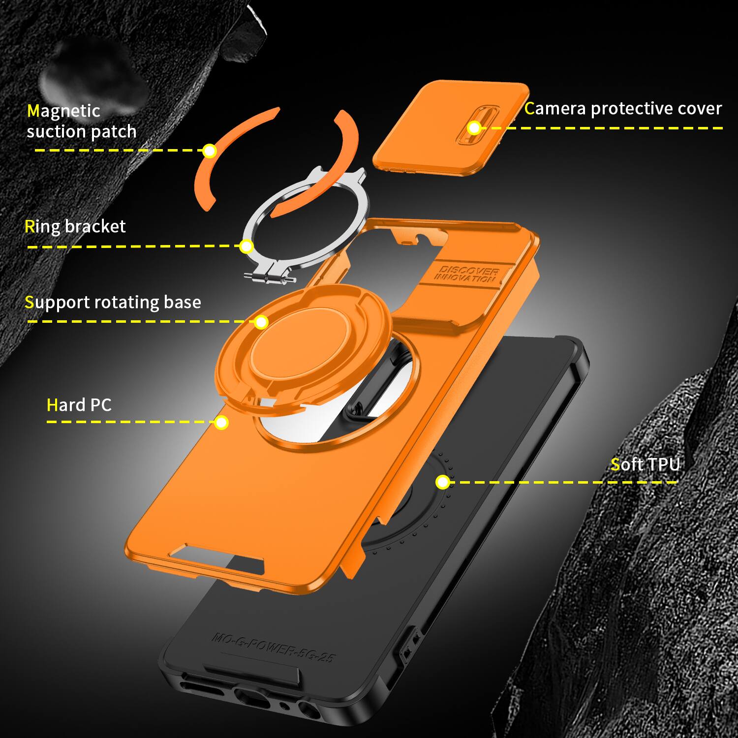 Magnetic suction patch  
Camera protective cover  
Ring bracket  
Support rotating base  
DISCOVER INNOVATION  
Hard PC  
Soft TPU  
MO-G-POWER-5G-25