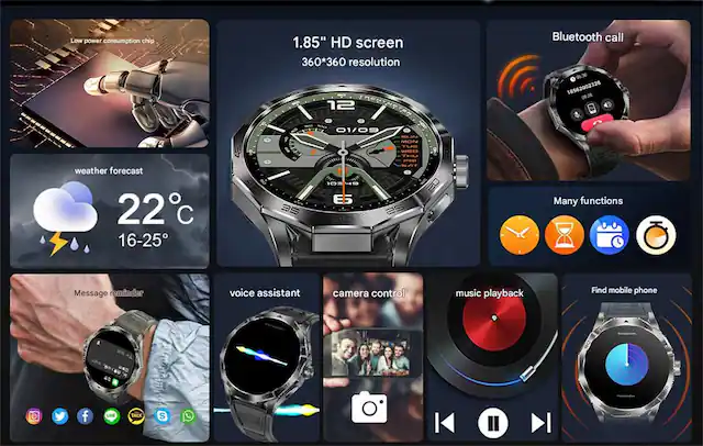 Low power consumption chip
1.85" HD screen
360*360 resolution
Bluetooth call
Weather forecast: 22°C, 16-25°C
Many functions:
- Message reminder
- Voice assistant
- Camera control
- Music playback
- Find mobile phone
Social media icons:
- Instagram
- Twitter
- Facebook
- LINE
- TALK
- S