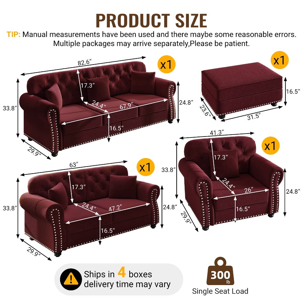 PRODUCT SIZE TIP: Manual measurements have been used and there may be some reasonable errors. Multiple packages may arrive separately. Please be patient.

- 82.6" x 1 x 1
- 33.8" x 1
- 29.9" x 1
- 33.8" x 1
- 29.9" x 1
- 17.3" x 1
- 24.4" x 1
- 24.8" x 1
- 67.9" x 1
- 23.6" x 1
- 31.5" x 1
- 16.5" x 1
- 41.3" x 1
- 17.3" x 1
- 63" x 1
- 33.8" x 1
- 17.3" x 1
- 24.4" x 1
- 26" x 1
- 24.4" x 1
- 47.2" x 