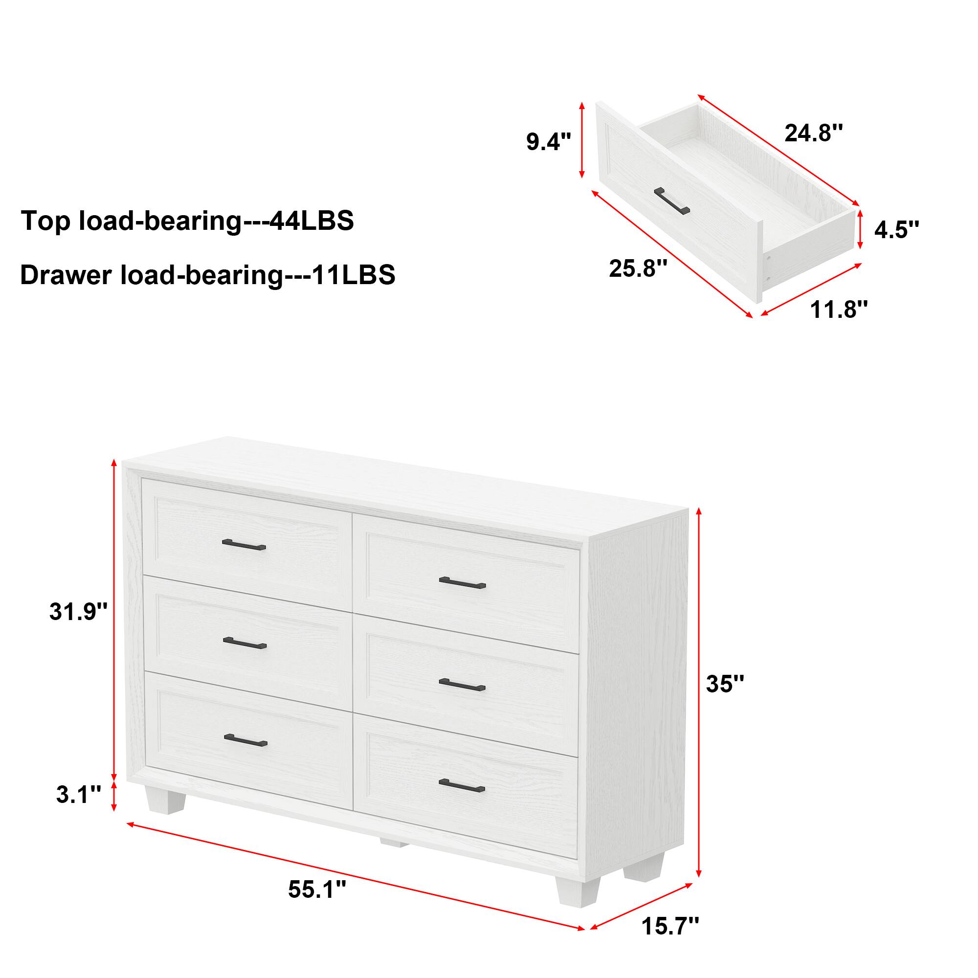 Top load-bearing---44LBS
Drawer load-bearing---11LBS
9.4"
24.8"
25.8"
4.5"
11.8"
31.9"
35"
3.1"
55.1"
15.7"