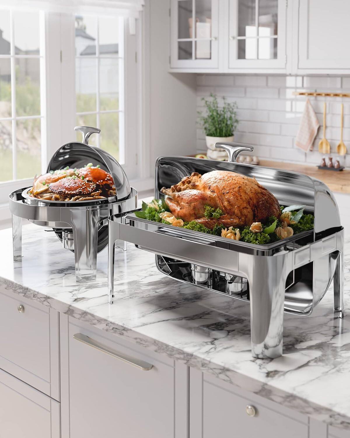 Alt View 3. Acekool - 9QT Roll Top Chafing Dish Buffet Set, Stainless Steel Commercial Chafer Server with Full Size Pan & Accessories - Silver.