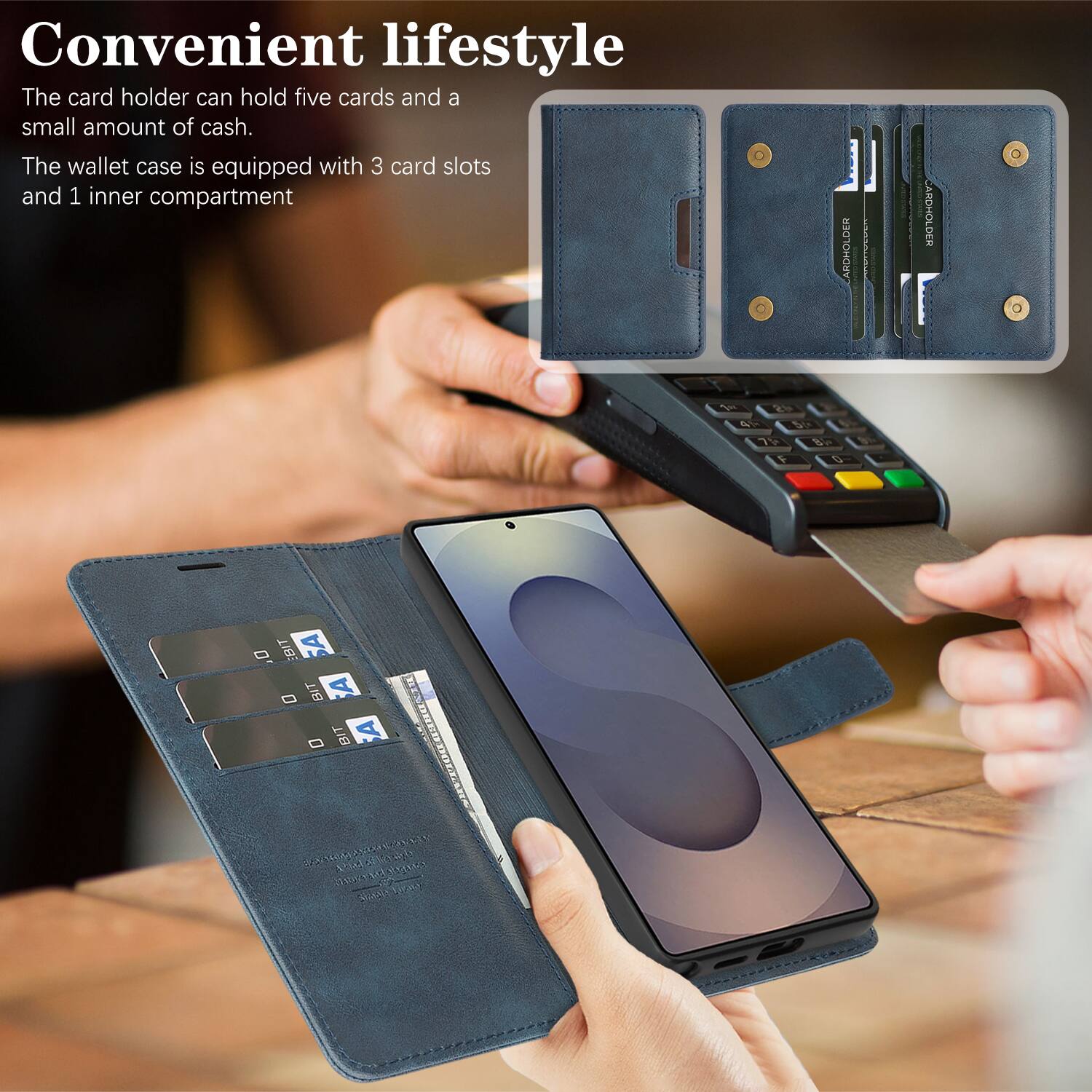 Convenient lifestyle

The card holder can hold five cards and a small amount of cash.

The wallet case is equipped with 3 card slots and 1 inner compartment