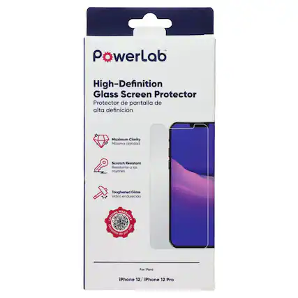 PowerLab High-Definition Glass Screen Protector
Protector de pantalla de alta definición
Maximum Clarity Máxima claridad
Scratch Resistant Resistente a los rayones
Toughened Glass Vidrio endurecido
LIFETIME WARRANTY Garantía de por vida
For/Para iPhone 12/ iPhone 12 Pro