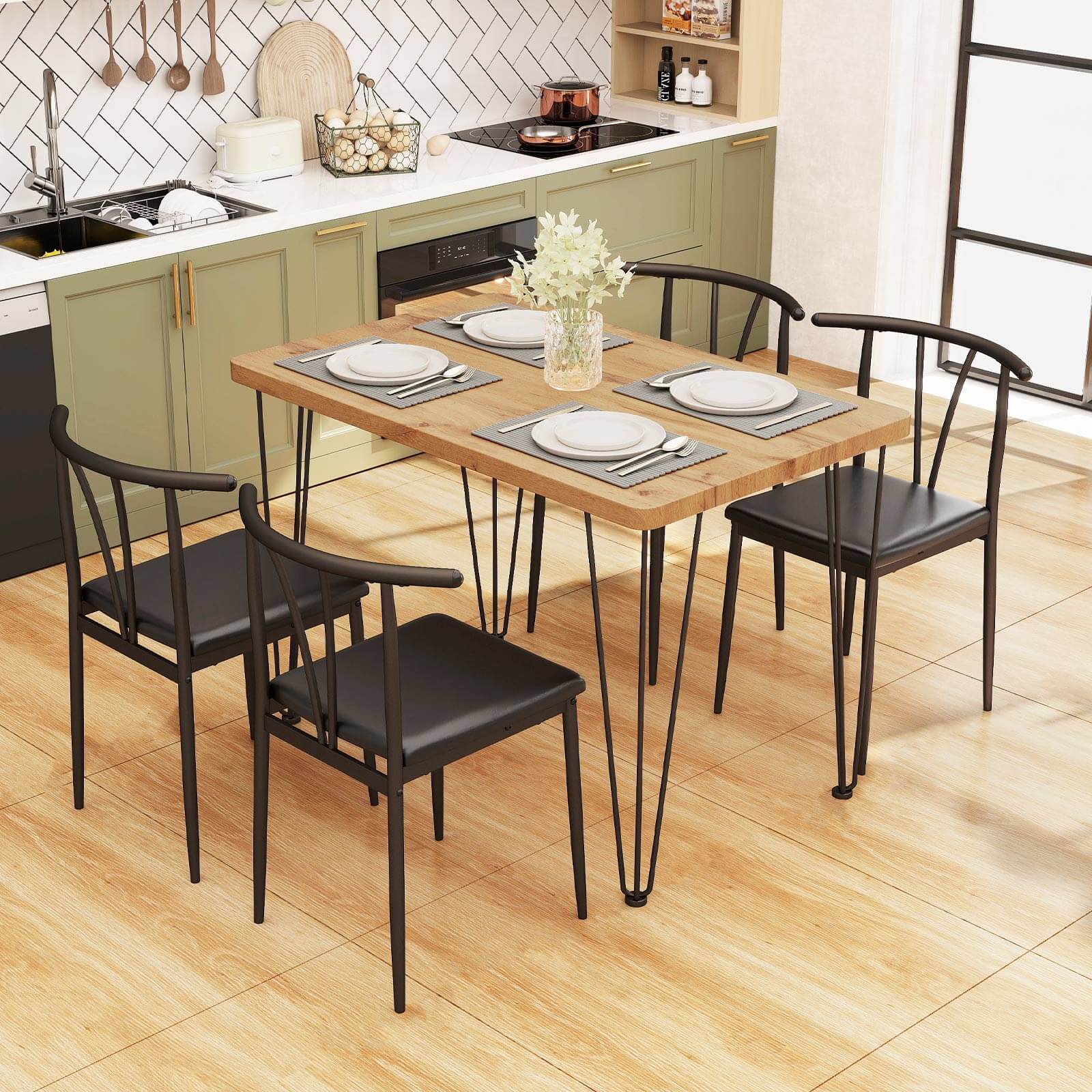Alt View 1. Costway - Costway Rectangular Kitchen Table & 4 Armless Chairs with Upholstered Seat, Spindle Back - Rustic Oak,Black.