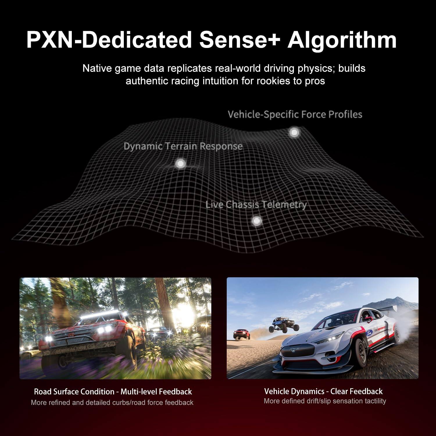 PXN-Dedicated Sense+ Algorithm

Native game data replicates real-world driving physics; builds authentic racing intuition for rookies to pros

Vehicle-Specific Force Profiles

Dynamic Terrain Response

Live Chassis Telemetry

Road Surface Condition - Multi-level Feedback
More refined and detailed curbs/road force feedback

Vehicle Dynamics - Clear Feedback
More defined drift/slip sensation tactility