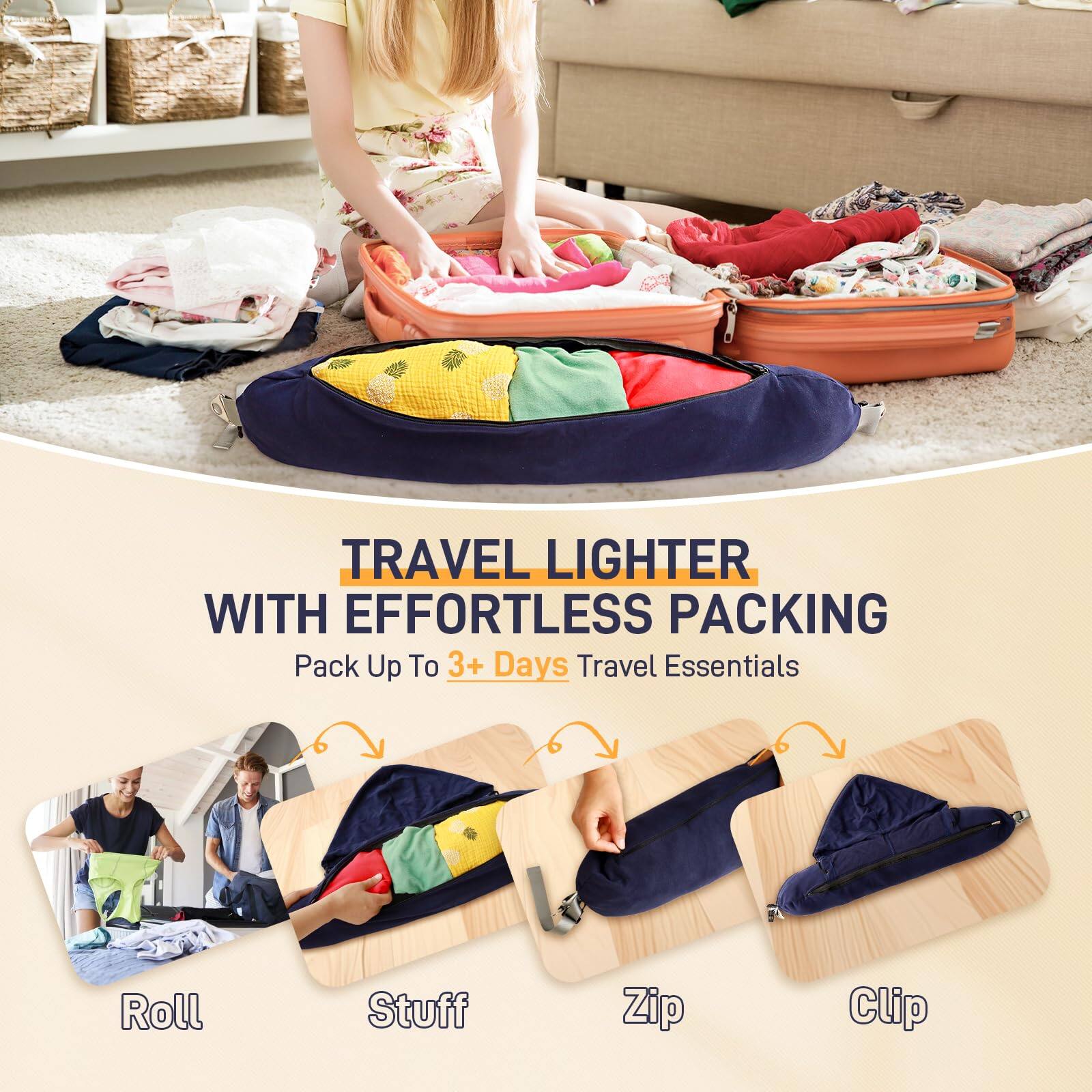TRAVEL LIGHTER WITH EFFORTLESS PACKING  
Pack Up To 3+ Days Travel Essentials  

Roll  
Stuff  
Zip  
Clip