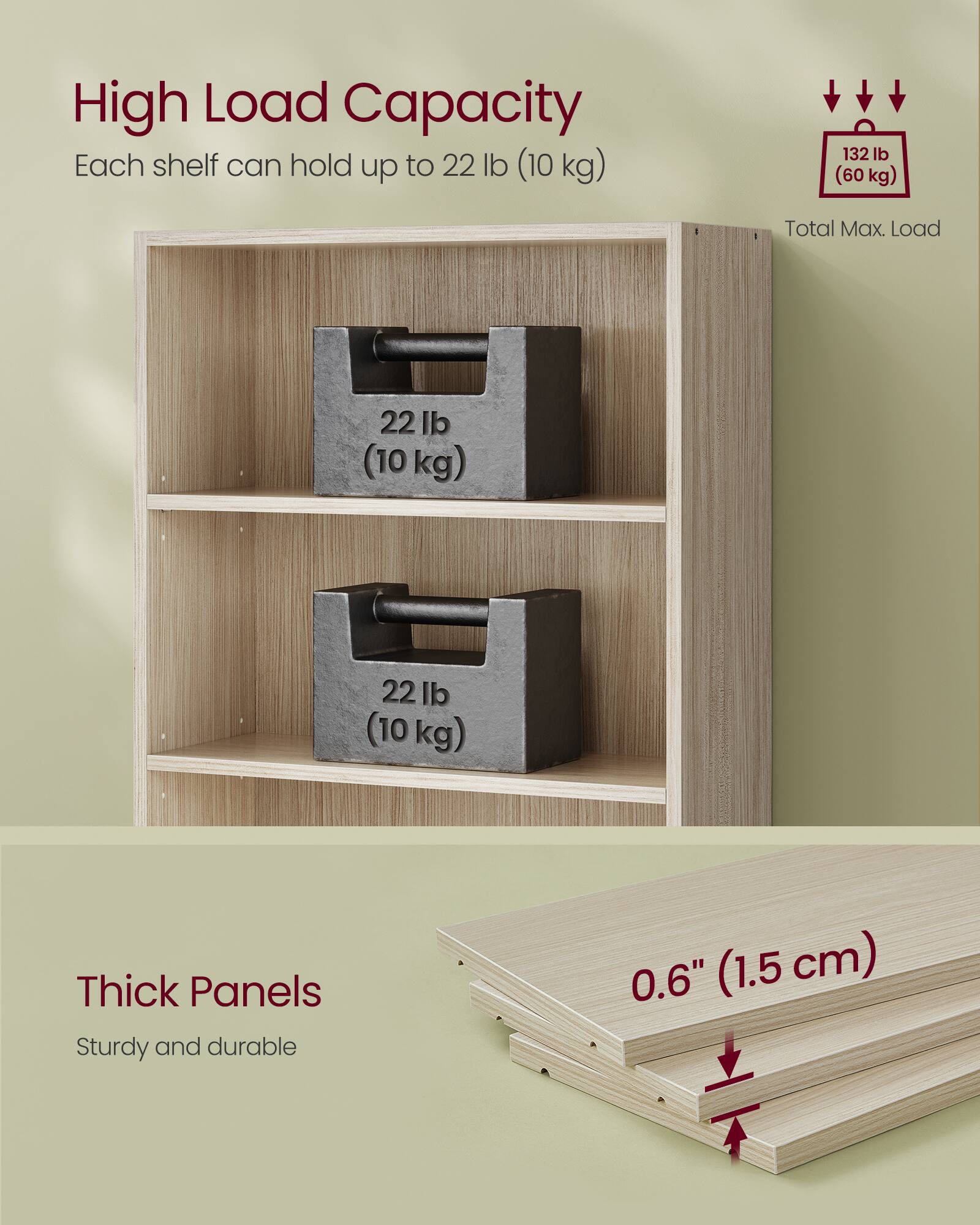 High Load Capacity  
Each shelf can hold up to 22 lb (10 kg)  
Total Max. Load 132 lb (60 kg)  

Thick Panels  
Sturdy and durable  
0.6" (1.5 cm)