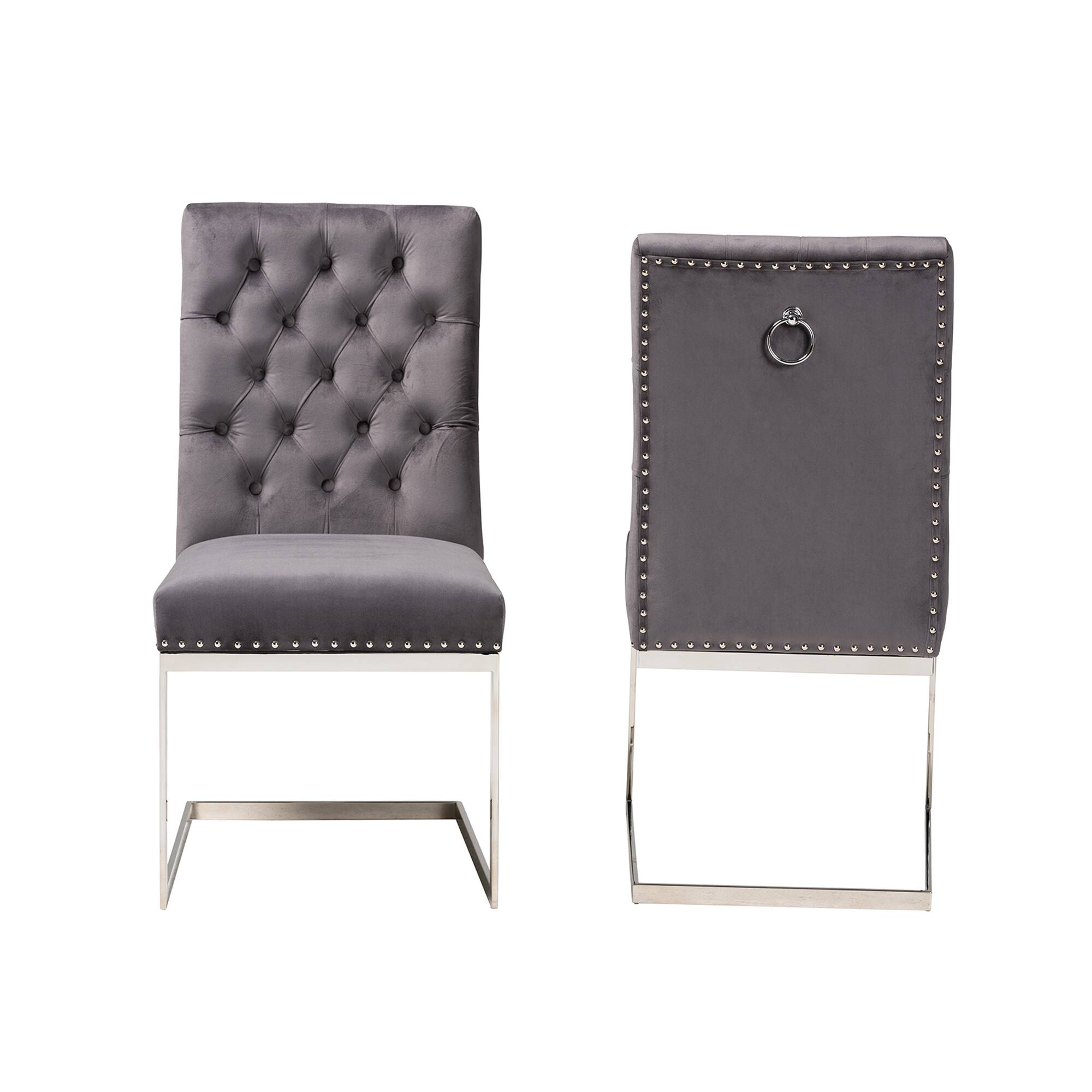 Angle. Baxton Studio - Sherine Contemporary Glam and Luxe Velvet Fabric and Silver Metal 2-Piece Dining Chair Set - Grey/Silver.