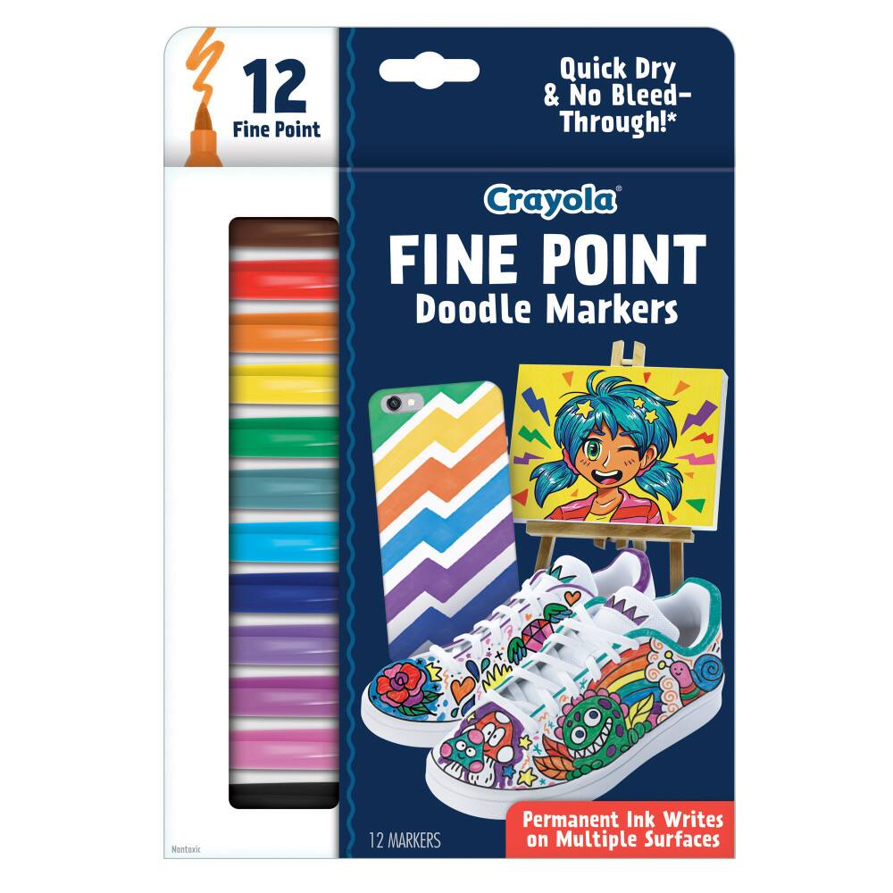 12 Fine Point Quick Dry & No Bleed-Through!  
Crayola Fine Point Doodle Markers  
12 Markers  
Permanent Ink Writes on Multiple Surfaces