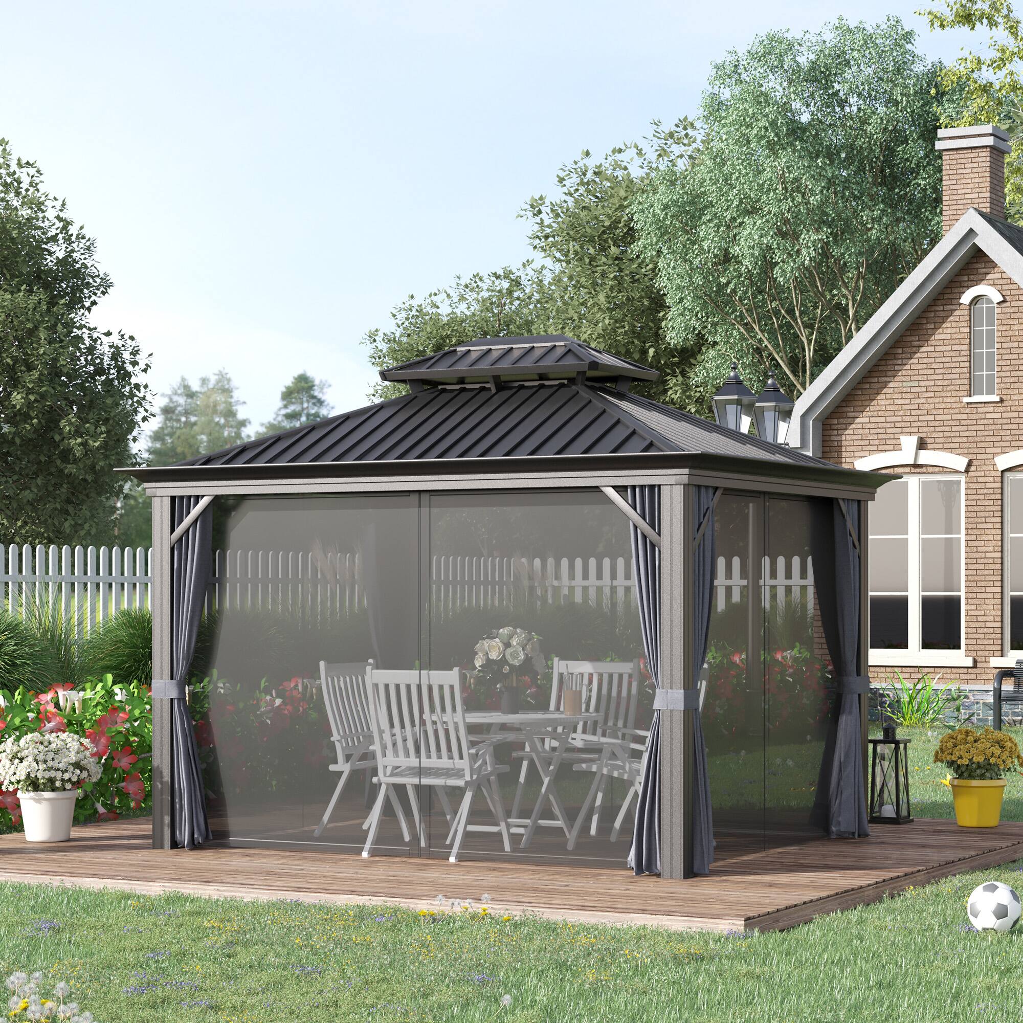 Alt View 1. Outsunny - 10' x 12' Hardtop Gazebo with Curtains and Netting, Permanent Pavilion Metal Double Roof Gazebo Canopy - Gray.