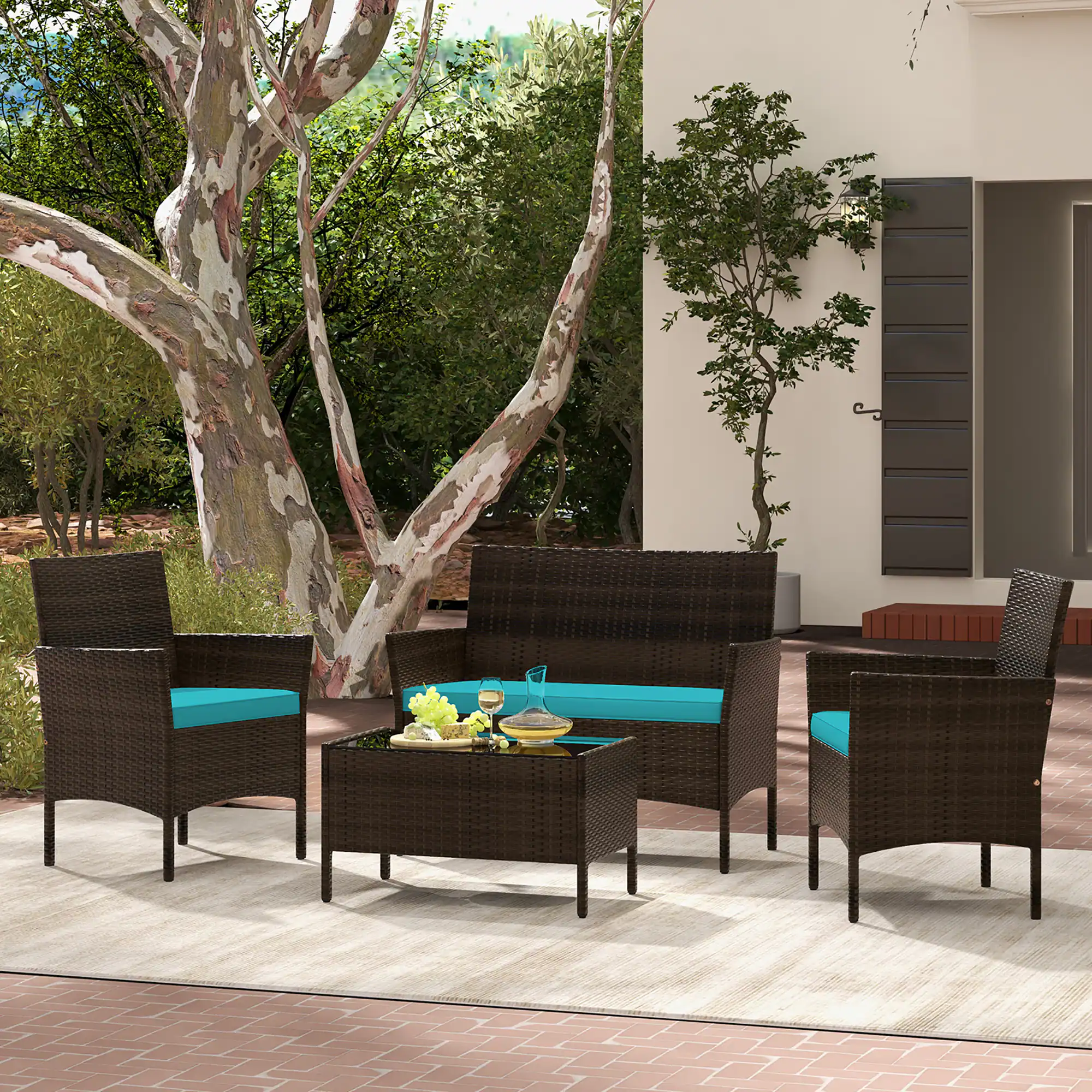 Alt View 8. Gymax - Gymax 4 Piece Patio Rattan Conversation Set Wicker Furniture Set w/ Chair Loveseat Outdoor - Mix Brown, Turquoise.