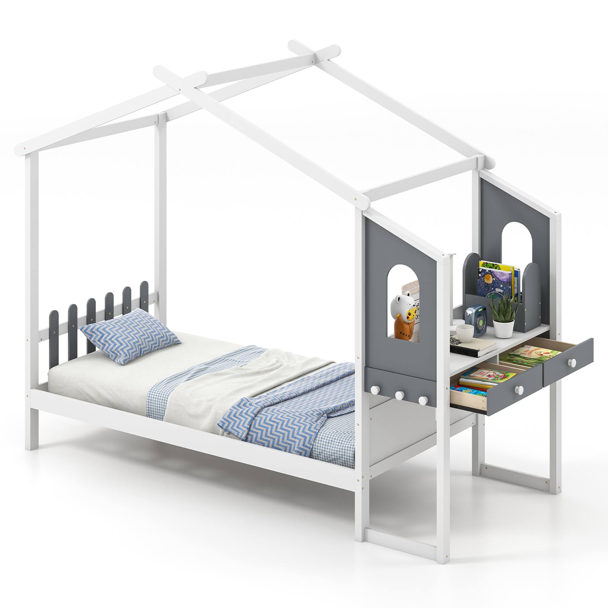 Alt View 8. Gymax - Gymax Twin Size Kids House Bed w/ Study Desk & Removable Box Drawers Hanging Hooks - White, Gray.