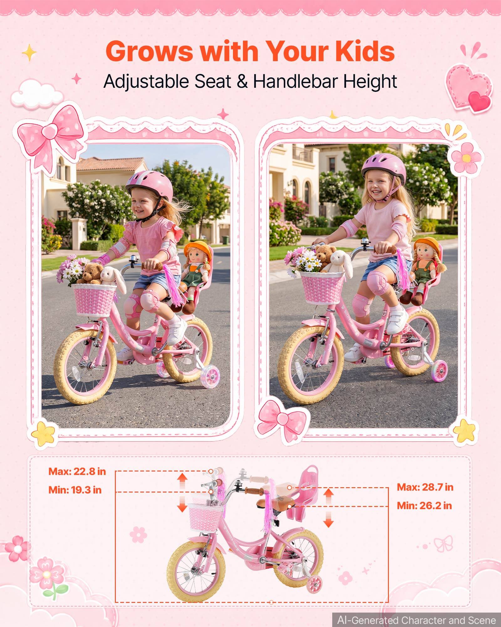 Grows with Your Kids  
Adjustable Seat & Handlebar Height  

Max: 22.8 in  
Min: 19.3 in  

Max: 28.7 in  
Min: 26.2 in  

AI-Generated Character and Scene