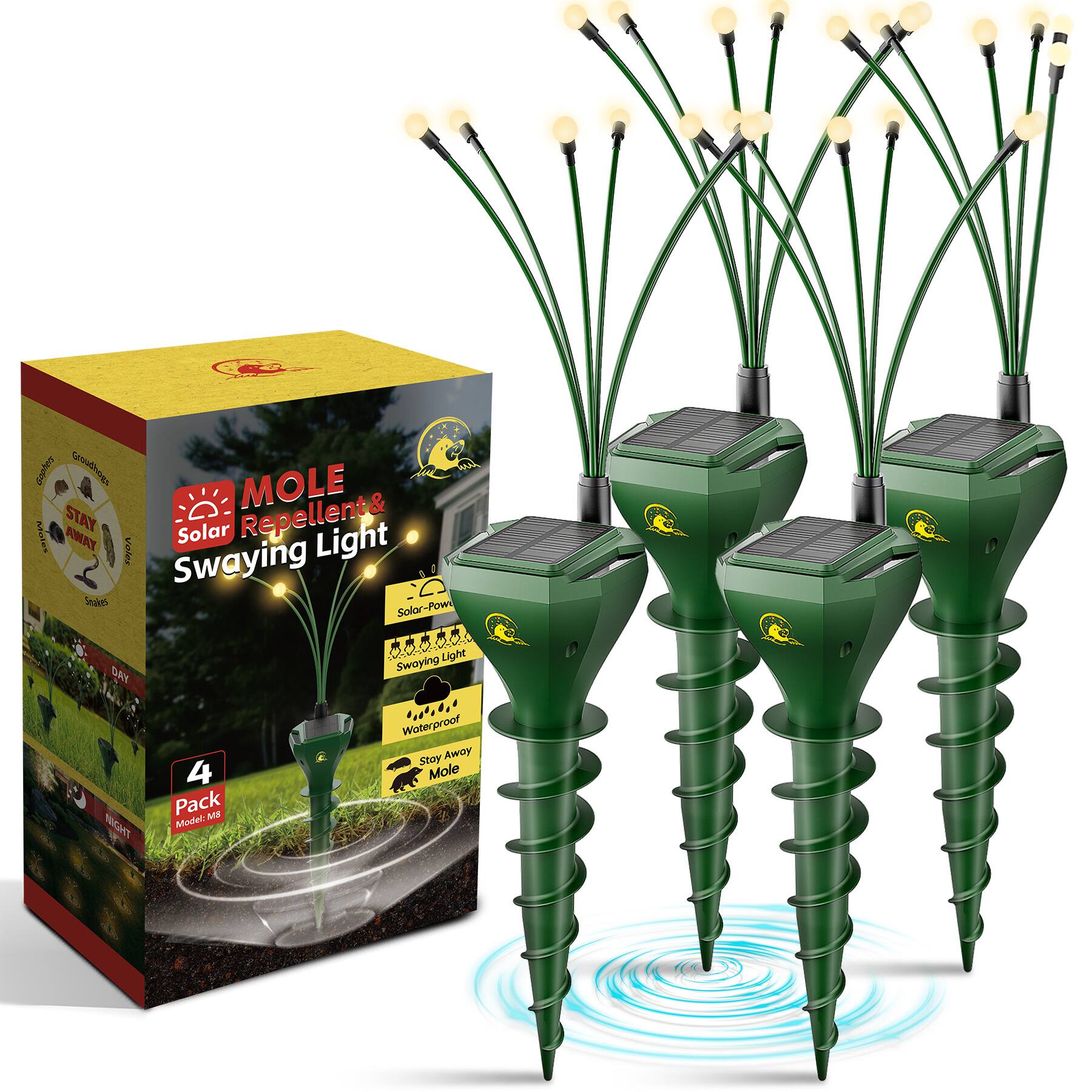 4 Pack Solar Ultrasonic Mole Repellent Swaying Lights IP65 Waterproof Yard Pest Control Groundhog Vole Chipmunk