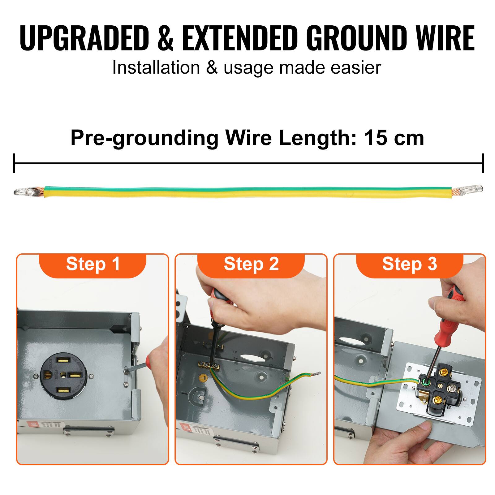 UPGRADED & EXTENDED GROUND WIRE  
Installation & usage made easier  

Pre-grounding Wire Length: 15 cm  

Step 1  
Step 2  
Step 3