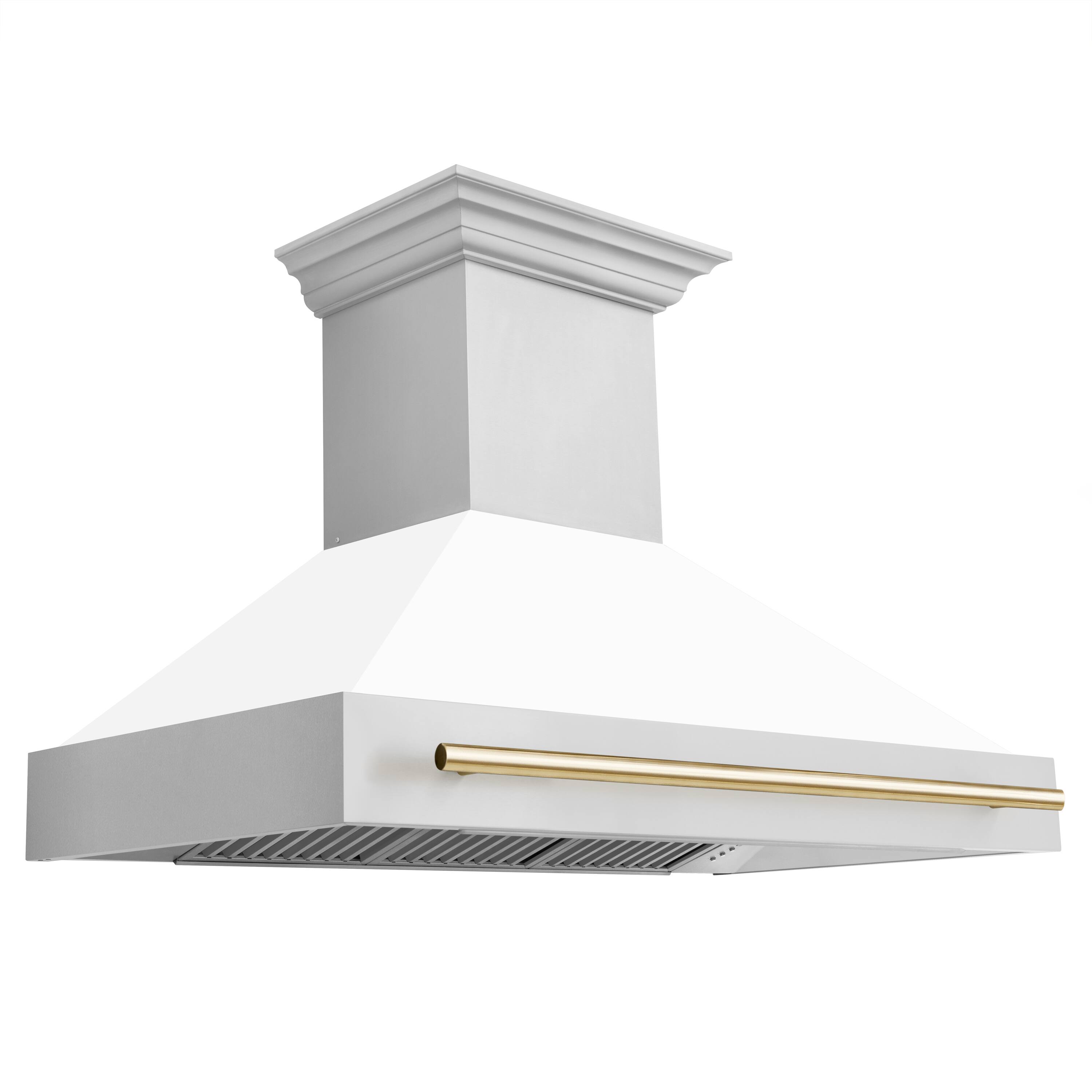 Left. ZLINE - ZLINE Autograph Edition 48 in. Stainless Steel Range Hood with White Matte Shell and Polished Gold Handle - Stainless Steel.